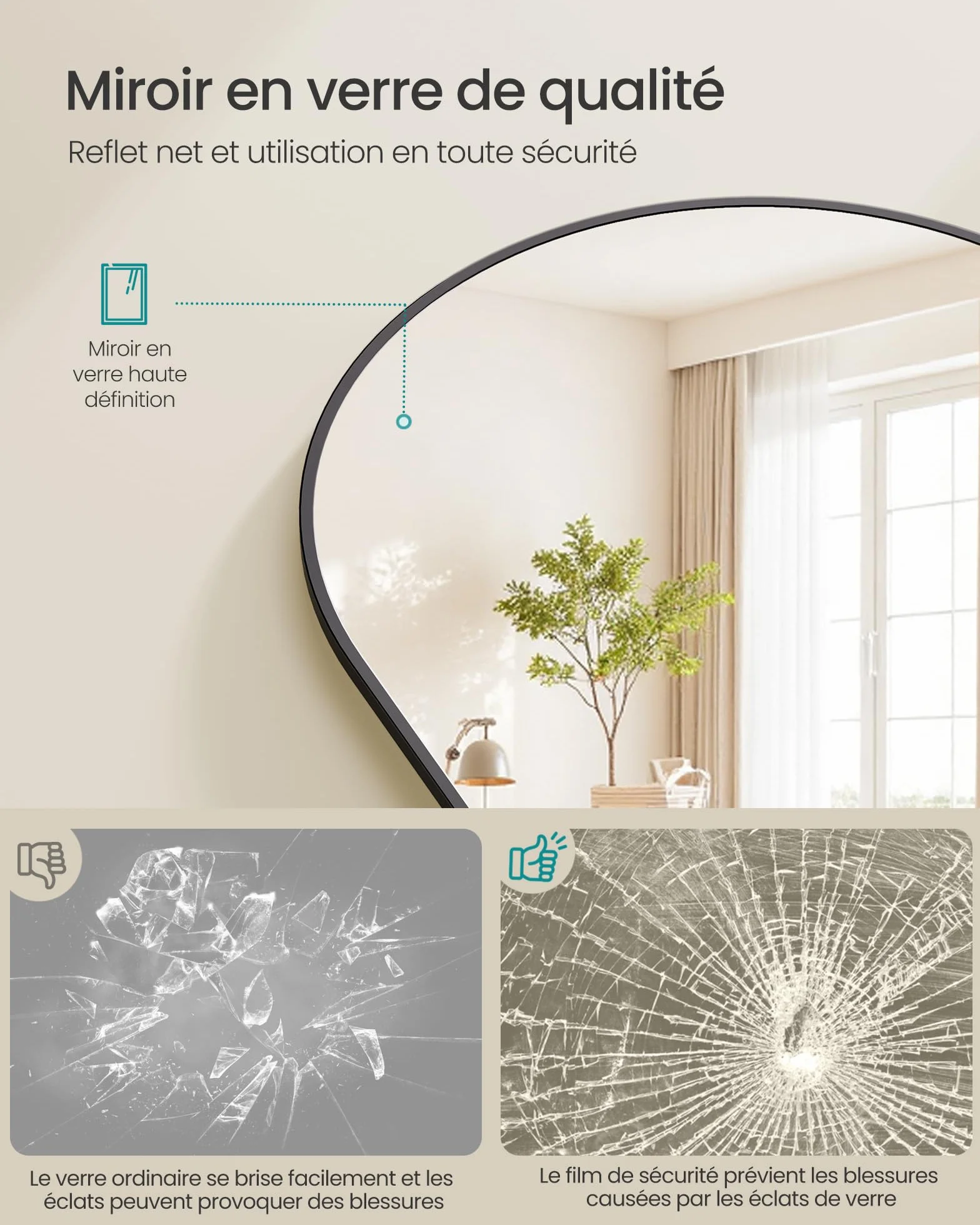SONGMICS Miroir Intégral Arqué sur Pied 160 x 50 cm Cadre en Alliage d’Aluminium Verre Trempé Noir