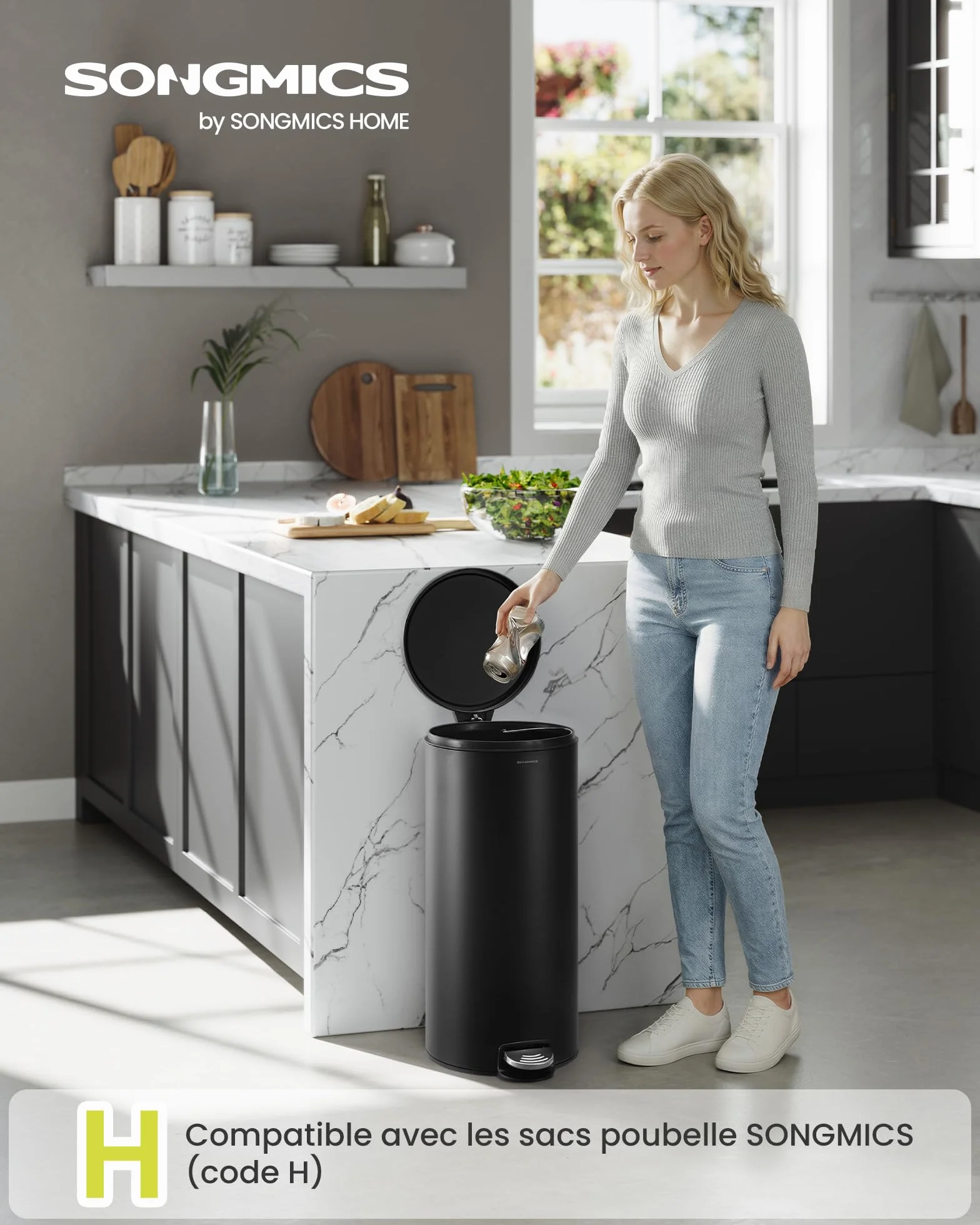 SONGMICS Poubelle 30 L Rond, Acier, Noir d'Encre, Pédales en Métal, Seau Amovible