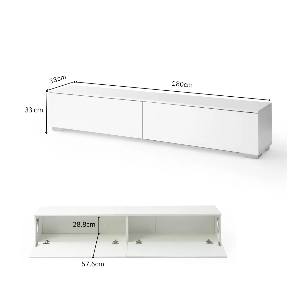 Meuble TV Blanc 180 cm avec éclairage LED, Meuble TV Suspendu ou sur Pied en Bois avec 2 Compartiments de Rangement Support Télévision Mural Moderne pour Salon Chambre