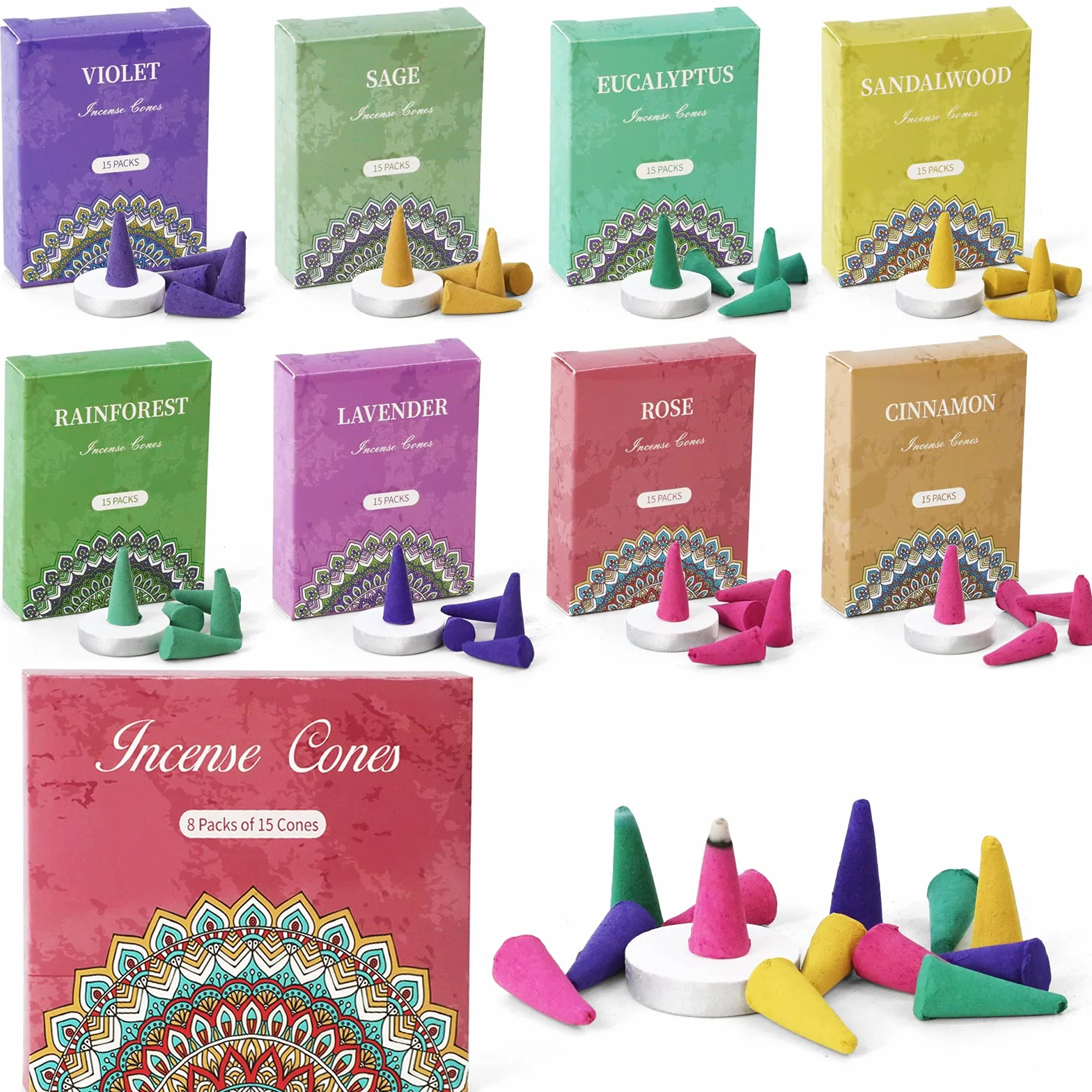 SCENTORINI Cônes d'Encens Assortiment 120pcs 8 Parfums Naturels