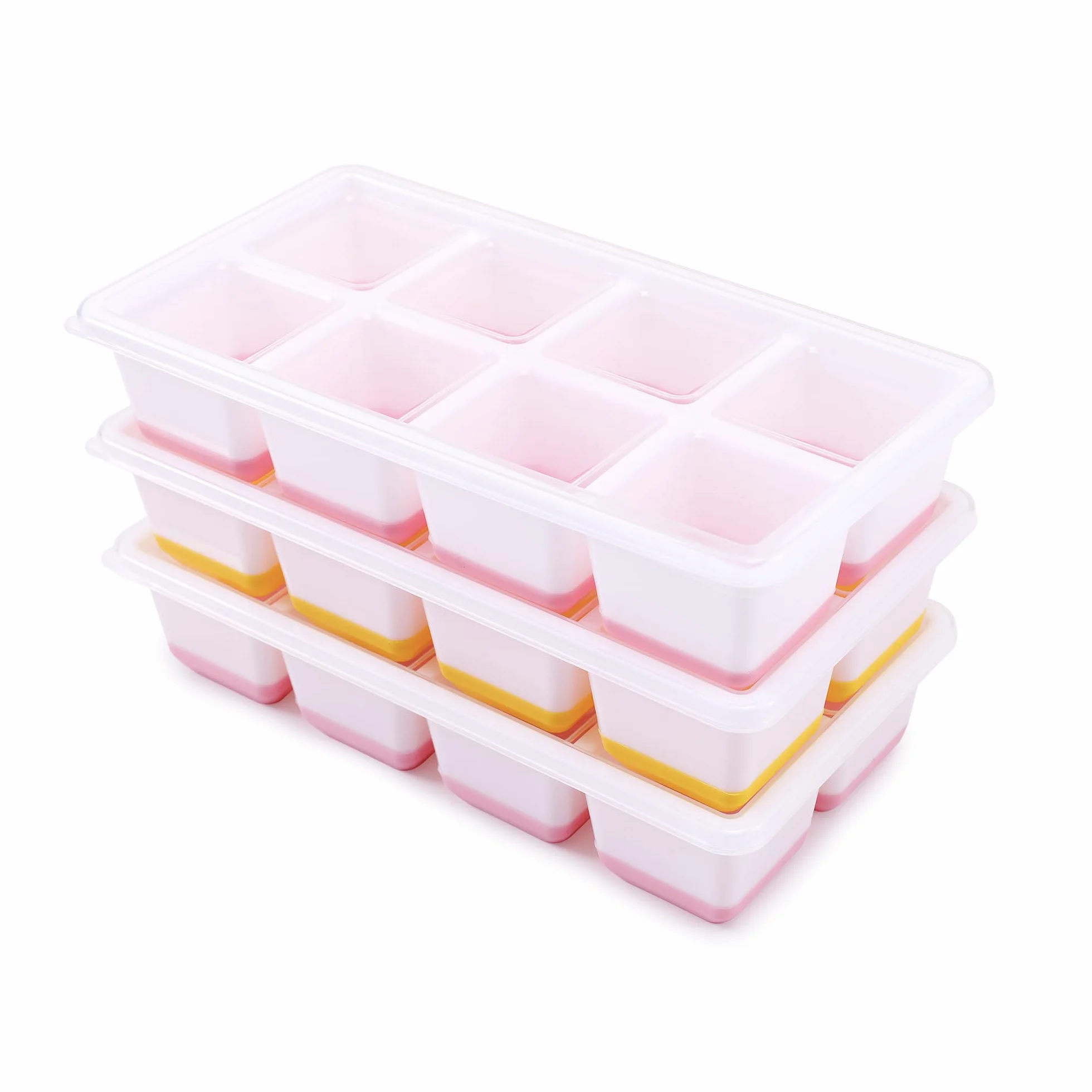Moules à Glaçons en Silicone avec Couvercle, 3 Pack, Empilable, Forme Sûre pour Cocktail, Whisky, Café (Rose+Jaune)