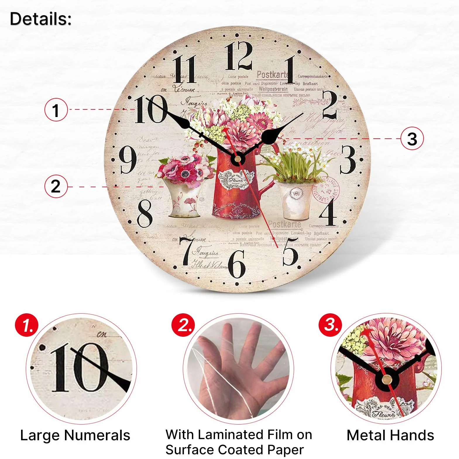 TAHEAT 30 cm Pendule Murale Vintage Fleurs Plantes Horloge Silencieuse Bois