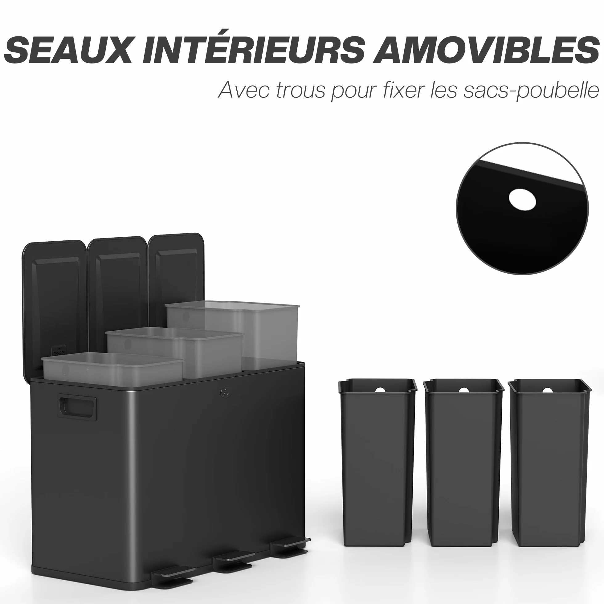 HOMCOM Poubelle cuisine 3 x 15L acier inoxydable tri sélectif 3 compartiments pédale