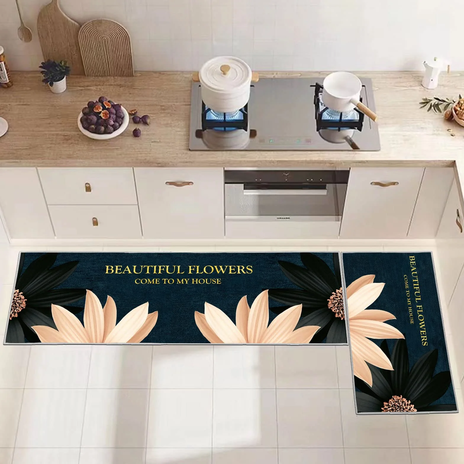 Lot de 2 Tapis de Sol Anti-Fatigue Imperméables Antidérapants Confortables Floral A 40x60+40x120cm