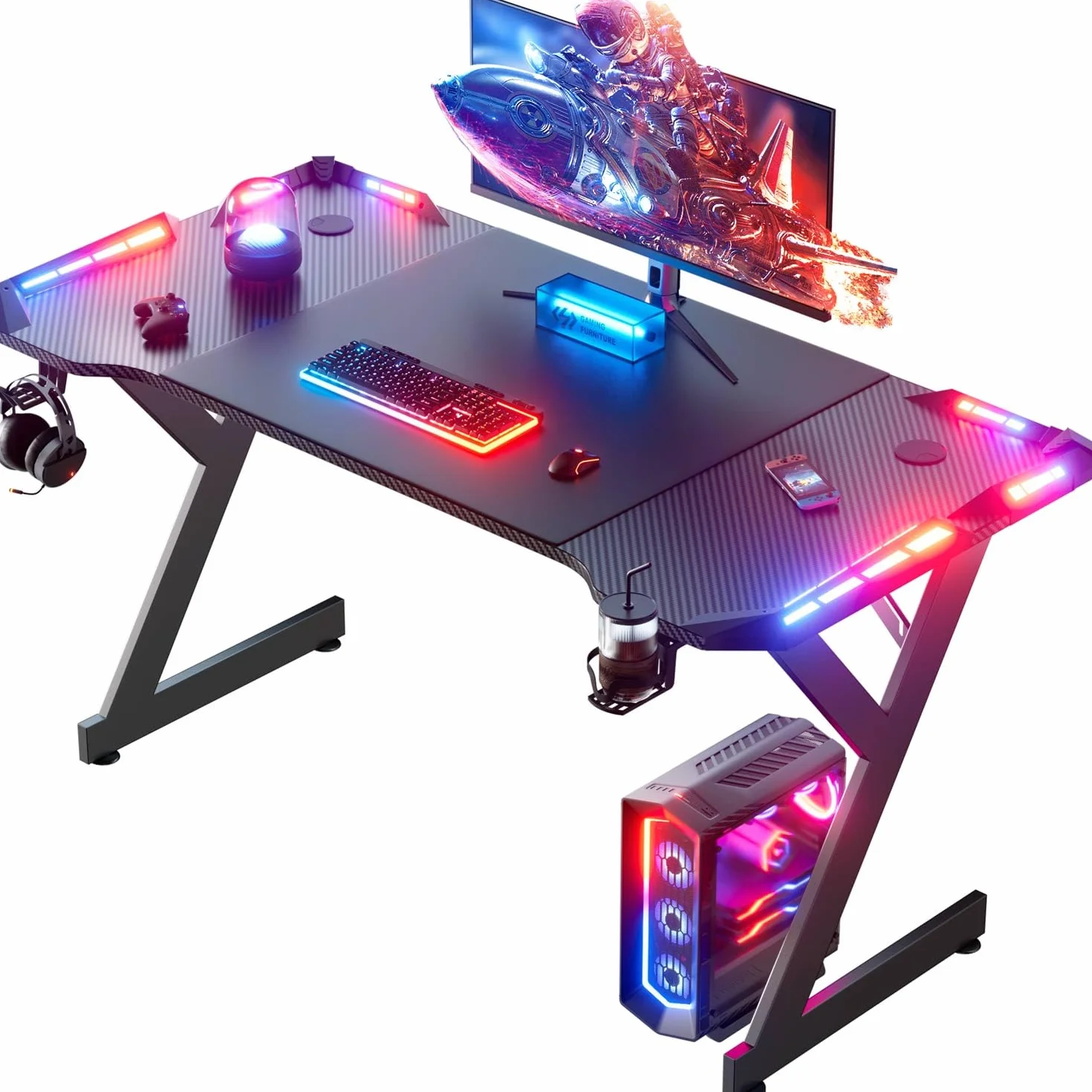 Bureau Gaming LED 120 x 60 cm, Bureau Informatique Ergonomique avec Porte-gobelet et Crochet pour Casque, Plateau en Fibre de Carbone, Table Gaming Noire