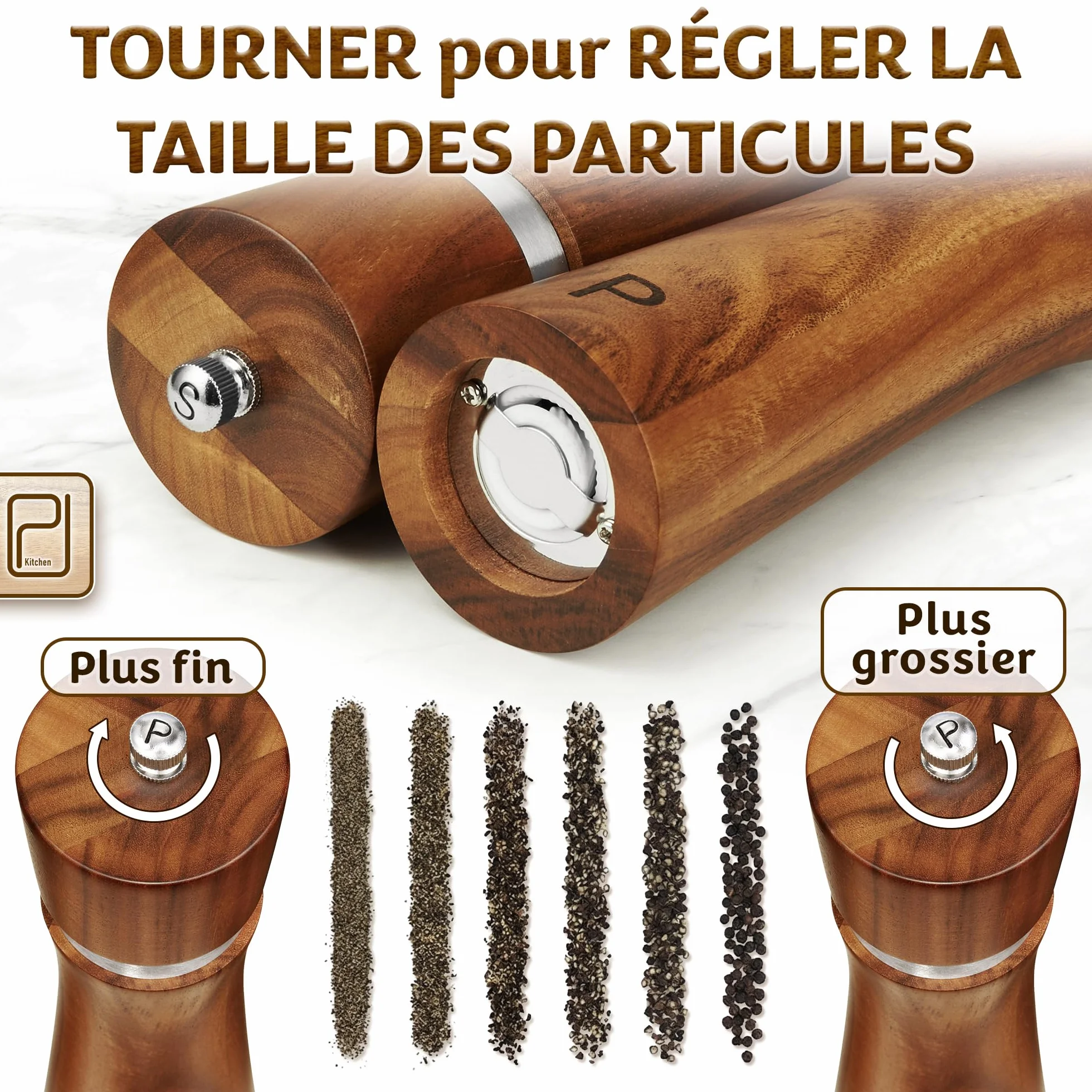 PJC-Kitchen Ensemble de Moulins à Sel et Poivre en Bois d’Acacia avec Plateau - 60 g