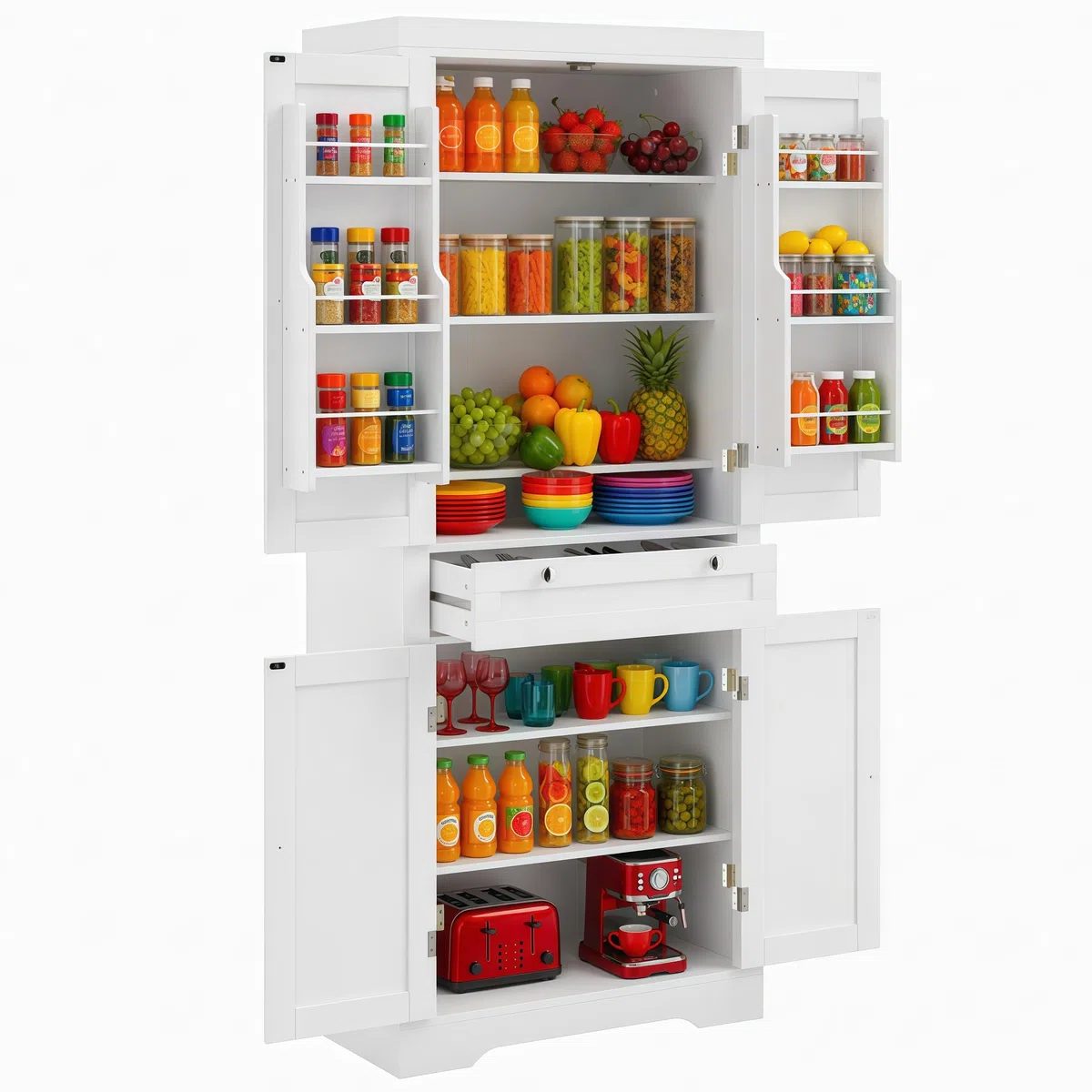 Meuble Cuisine, Buffet Haut Cuisine, Meuble Rangement avec 1 Tiroir et 4 Portes, Garde-Manger Moderne 76x40x182 cm – Panneau de Particules + MDF, pour Cuisine, Salle à Manger ou Salon, Blanc