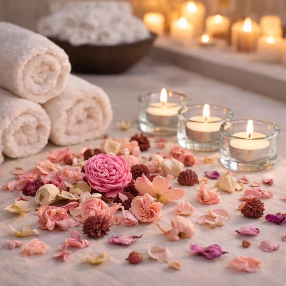 Coffret de Pot-pourri Parfumé Fleurs Roses avec 3 Bougies Chauffe-Plat