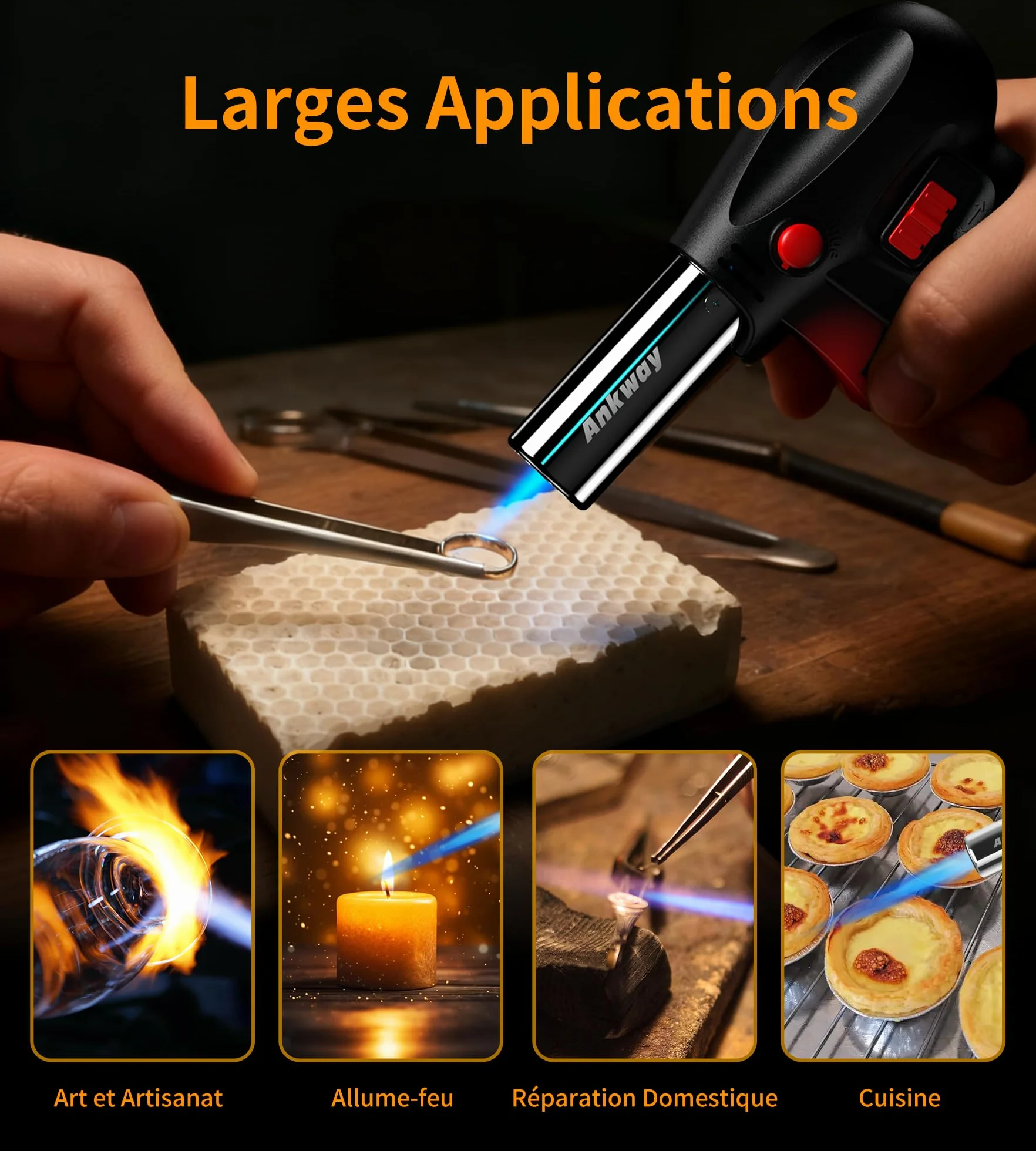 Ankway Chalumeau de Cuisine Rechargeable avec Verrouillage de Sécurité et Flamme Réglable, Argent