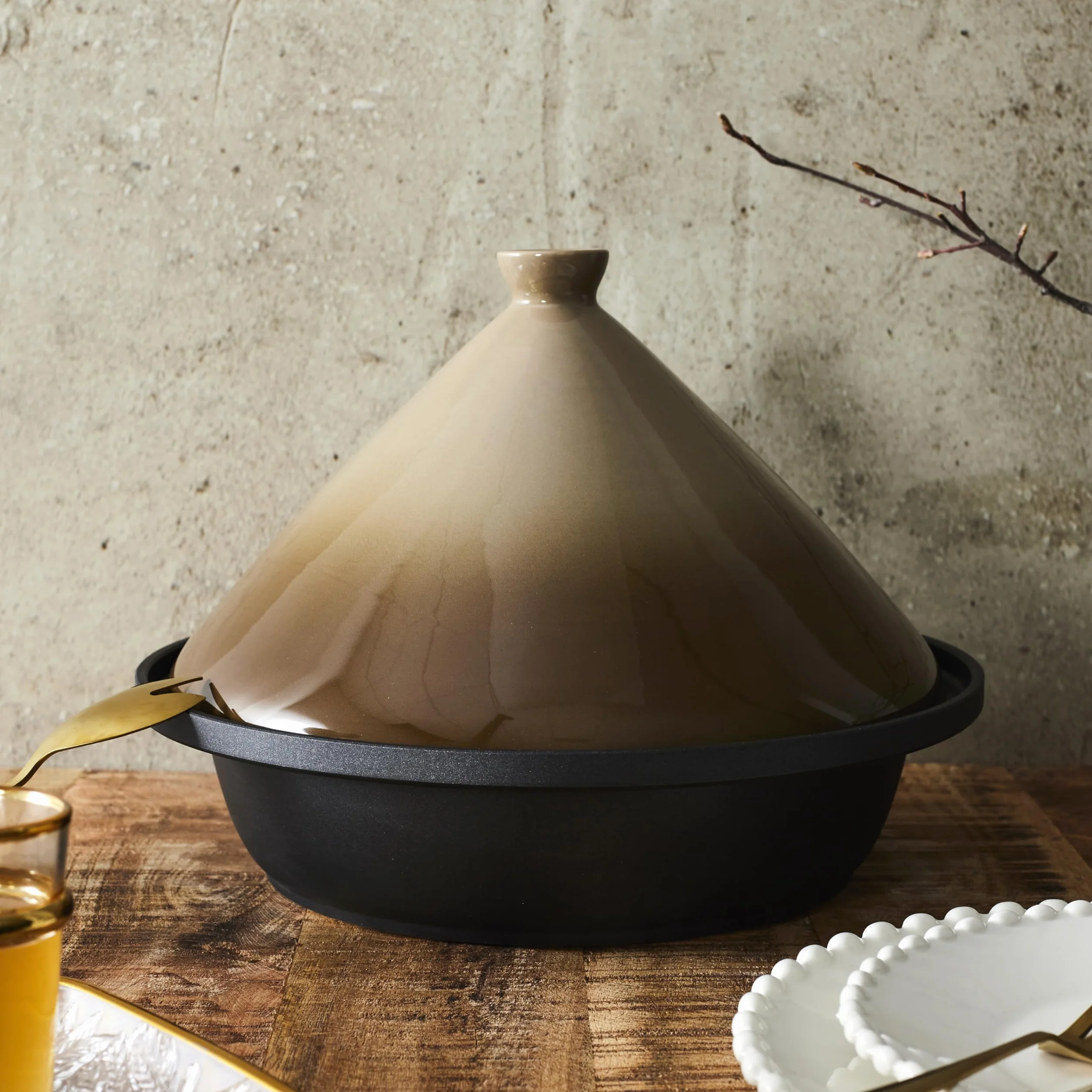 COOK CONCEPT Tajine en Fonte d'Aluminium Ronde Antiadhésif Compatible Induction 30 cm Taupe