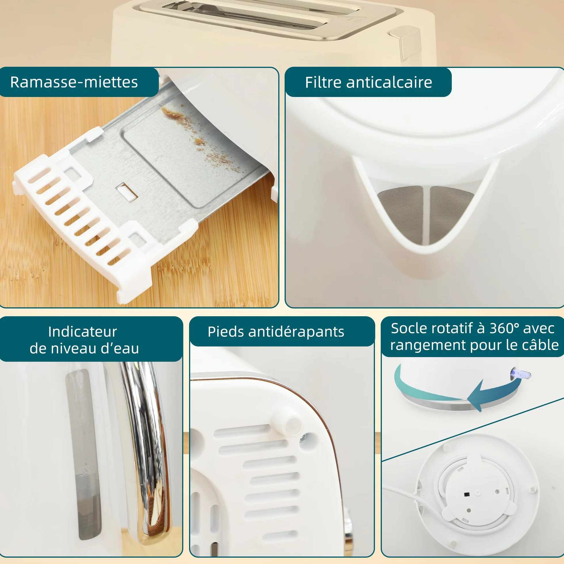 HOMCOM Bouilloire et Grille-Pain Acier 2200W 1,7L Thermostat Otter Filtre Anti-Calcaire 2 Fentes 7 Réglages Brunissage Blanc