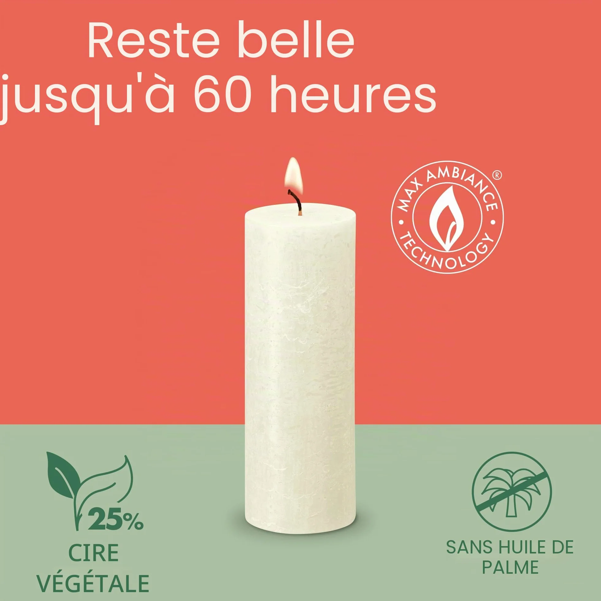 Bolsius Bougie pilier rustique Ivoire Lot de 4 60 heures Cire naturelle végétalienne