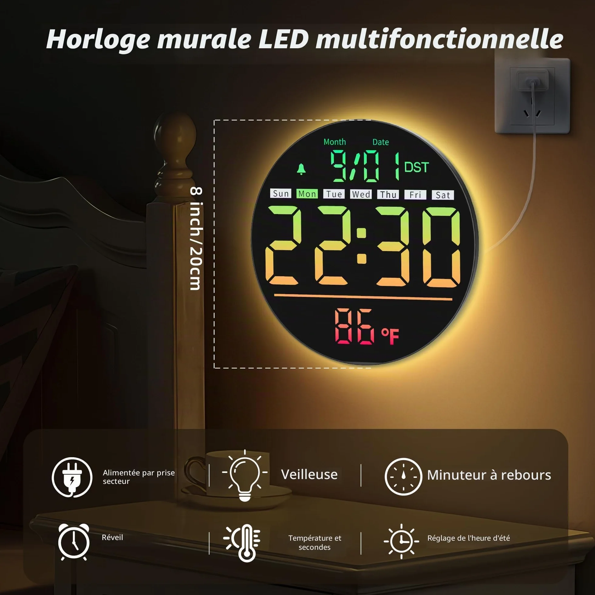 Maxstar Horloge Murale Numérique 8" LED avec Alarme, RGB, Température, Date