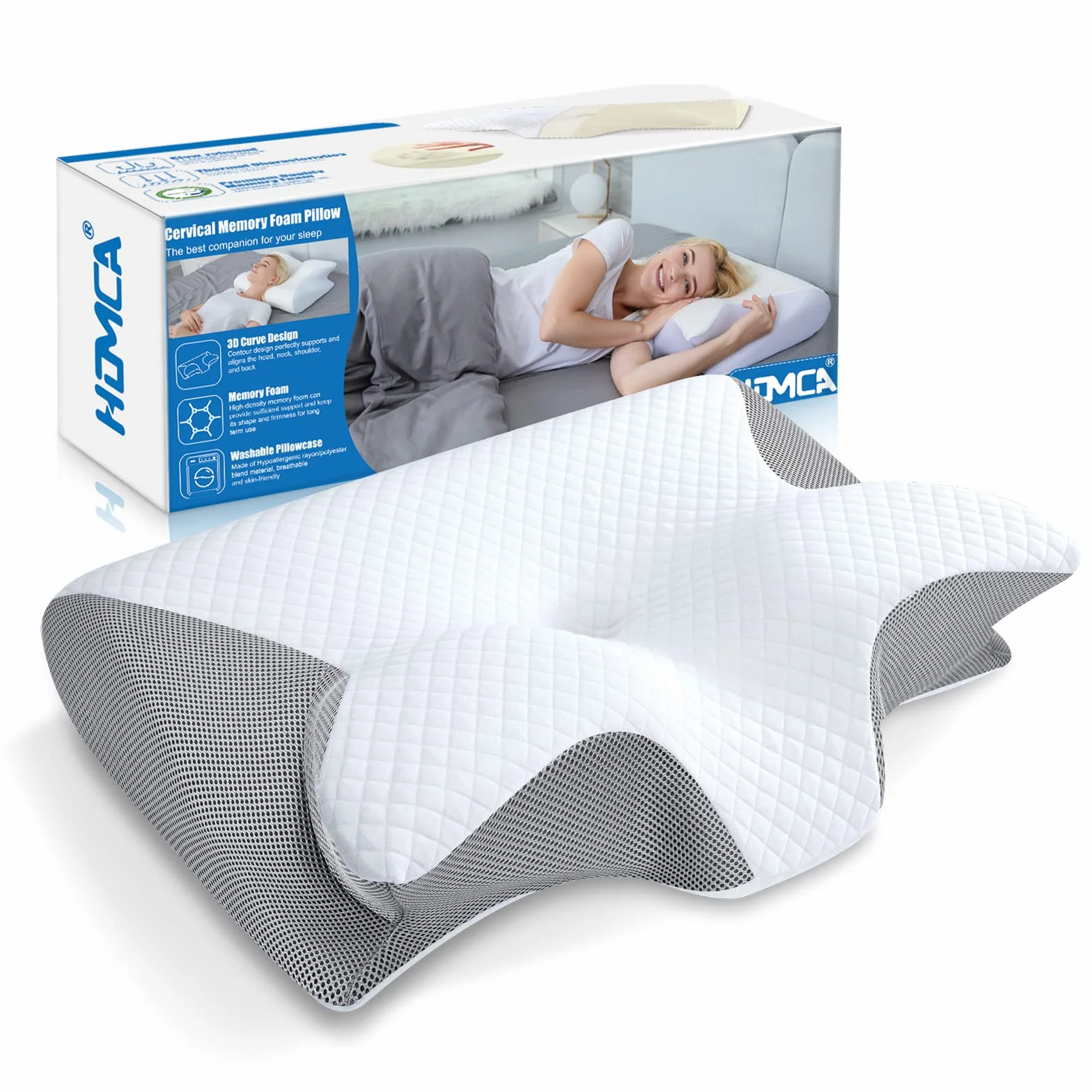 HOMCA Oreiller Ergonomique Cervical 2 en 1 Mémoire de Forme 60x40x12/14cm Gris
