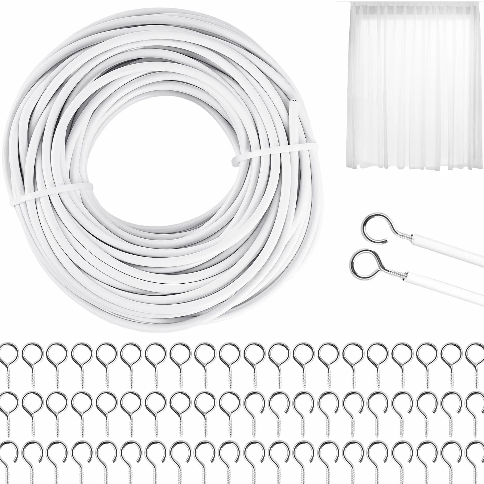 Fil de Rideau Blanc 15M avec 30 Paires Crochets et Yeux Kit Corde Suspendue pour Rideaux