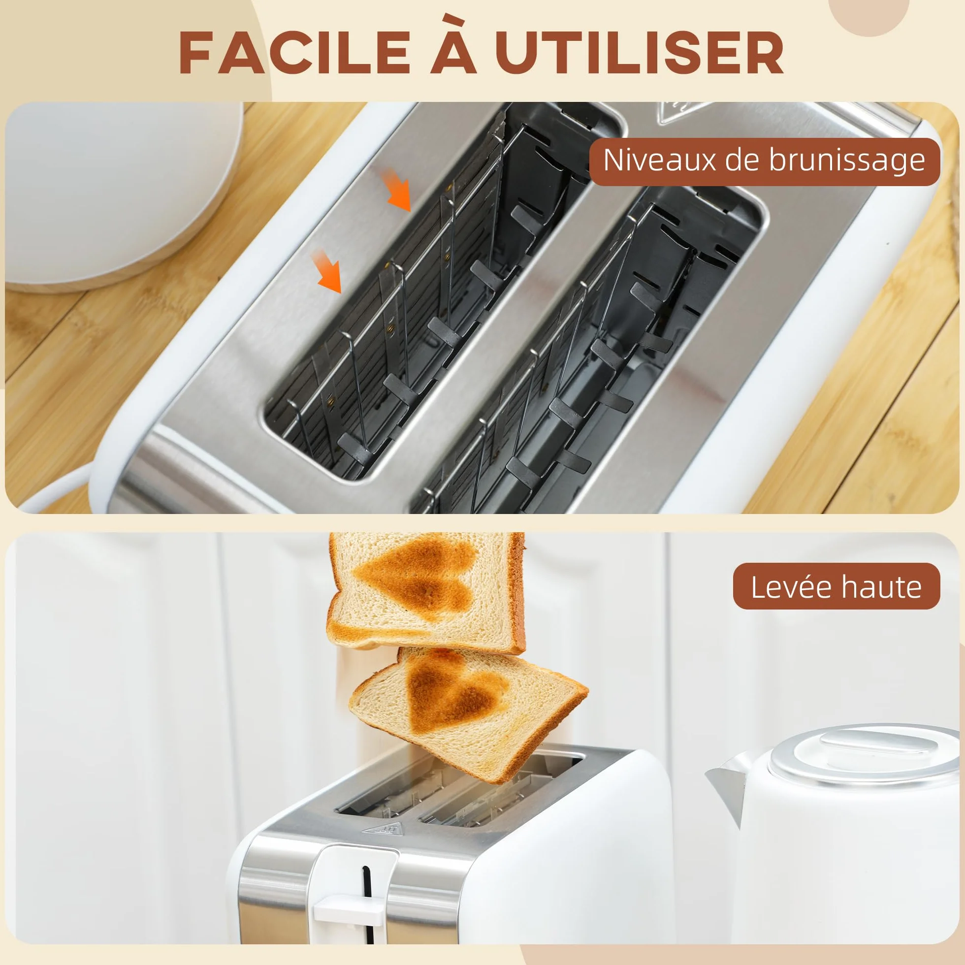 HOMCOM Bouilloire et Grille-Pain 2200W, 1,7 L Acier Inoxydable, 2 Tranches, 7 Niveaux de Brunissage, Blanc