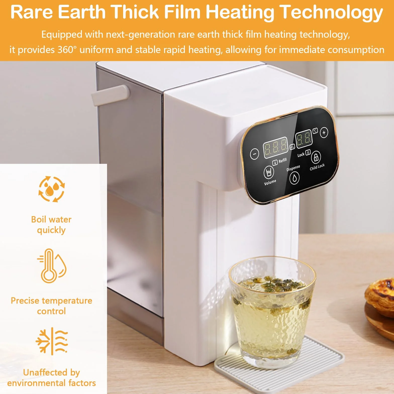 Distributeur d'Eau Chaude 3L Numérique Instantané écran Tactile LED 12 Réglages Température 8 Réglages Volume Filtre Charbon Actif