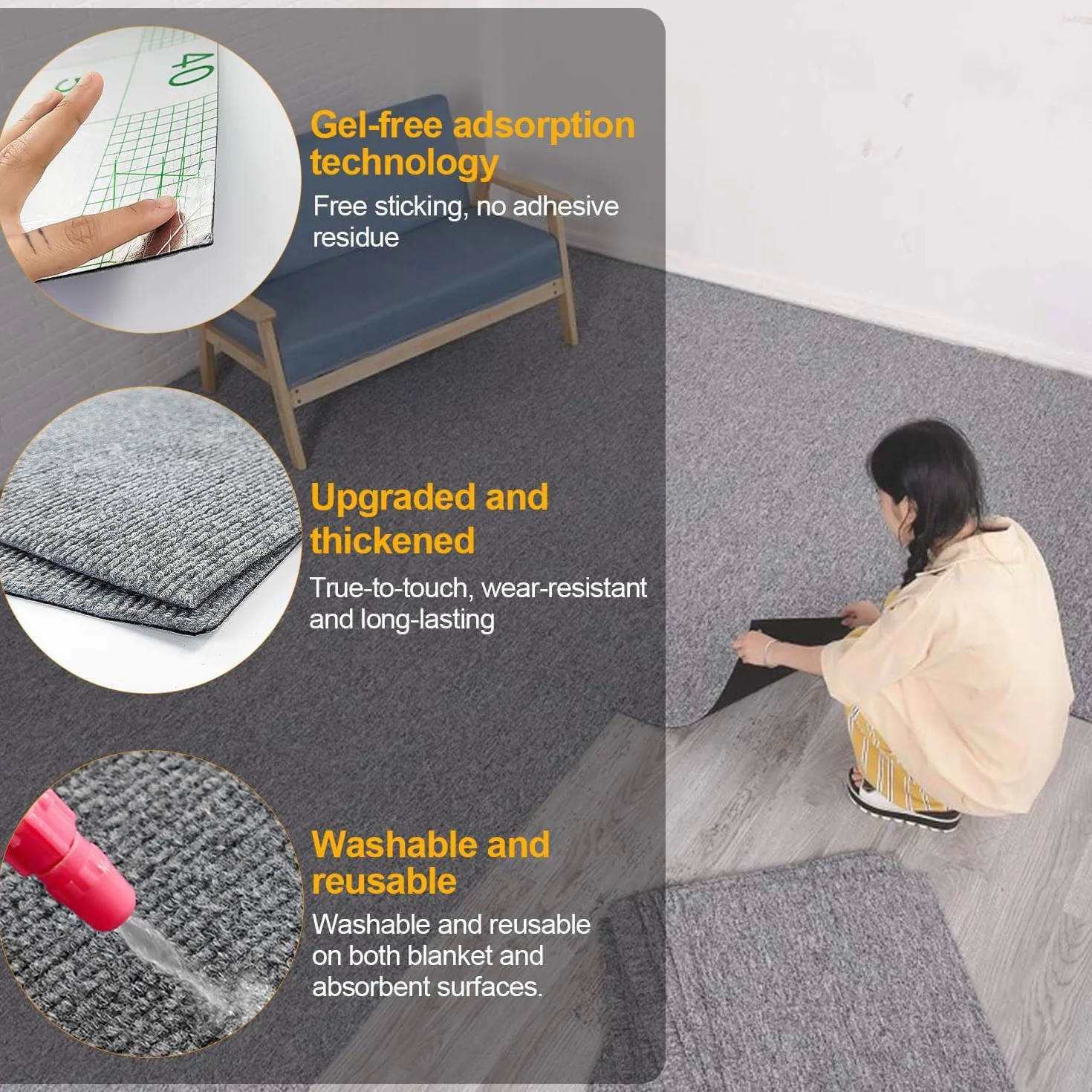 Tapis Antidérapant 30x30 cm Gris Lavable Autocollant 12 Pièces pour Salon Chambre Bureau Hôtel