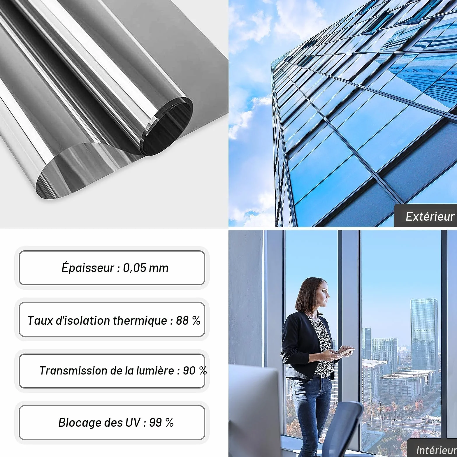 Film Fenetre Anti Regard Occultant Protection Solaire Autocollant Argent 40x200cm