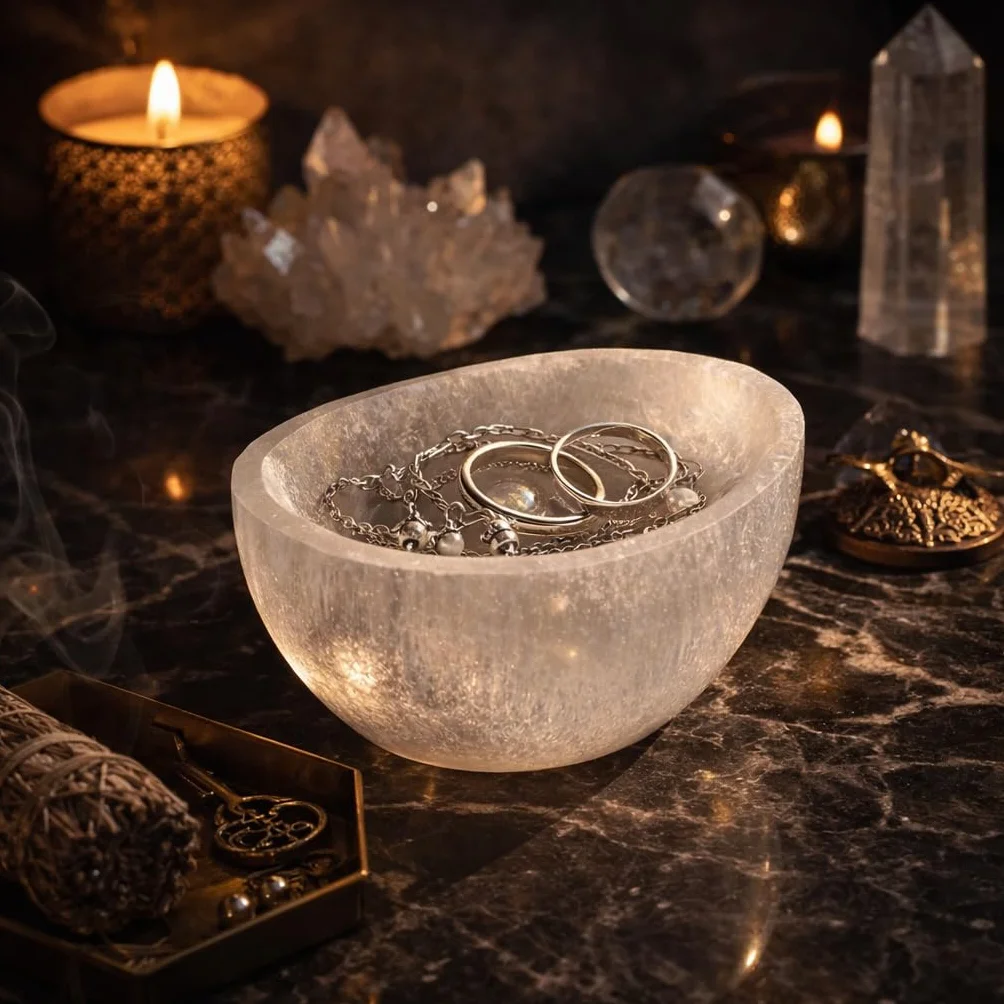 Bol en sélénite demi-sphère 6,5 x 3,5 cm – Bol énergétique pour pierres précieuses, Reiki, méditation