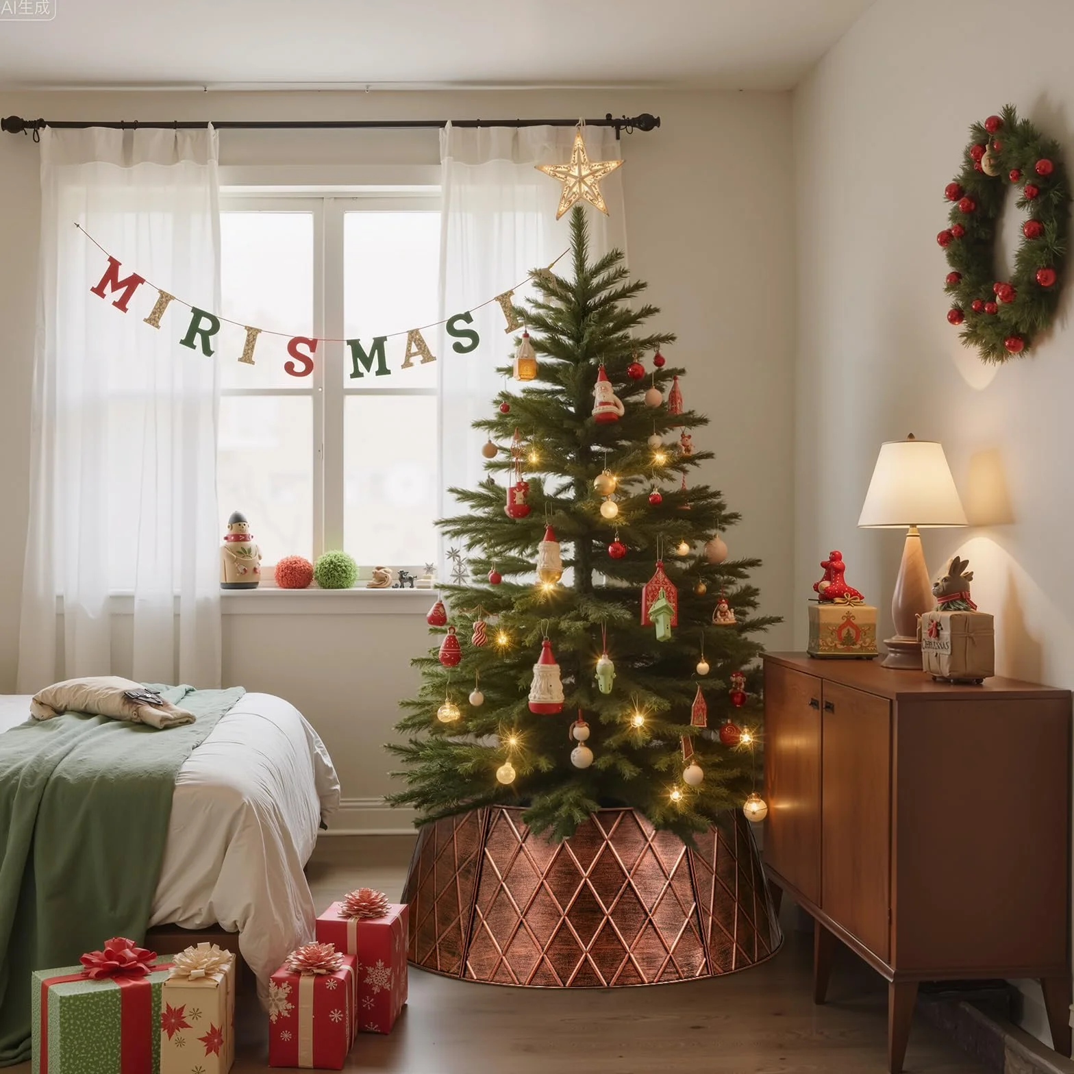 Lanpn Collier de Sapin Noël 50cm Décorations Arbre Artificiel Intérieur Extérieur Cuivre Losange