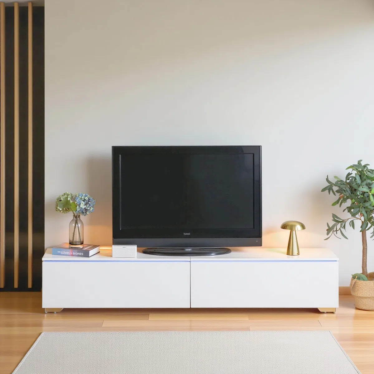 Meuble TV Blanc 180 cm avec éclairage LED, Meuble TV Suspendu ou sur Pied en Bois avec 2 Compartiments de Rangement Support Télévision Mural Moderne pour Salon Chambre