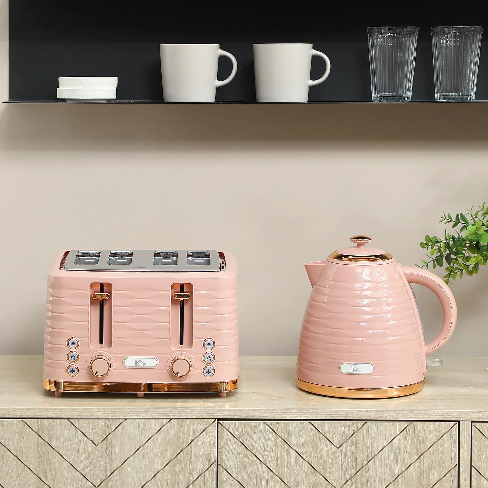 HOMCOM Set petit-déjeuner bouilloire 1,7 L grille-pain 4 tranches 2200 W 7 niveaux grillage thermostat Otter rose