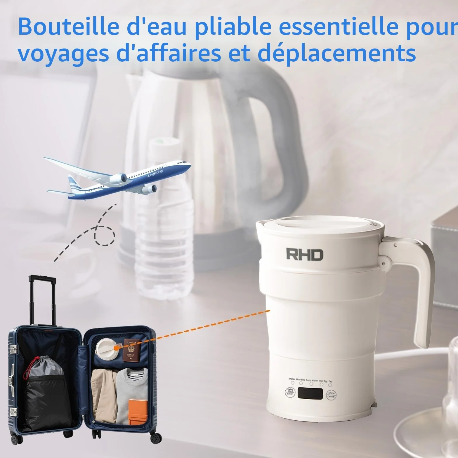 Bouilloire électrique pliable 0,7L acier inoxydable 316 1000W blanc sans BPA