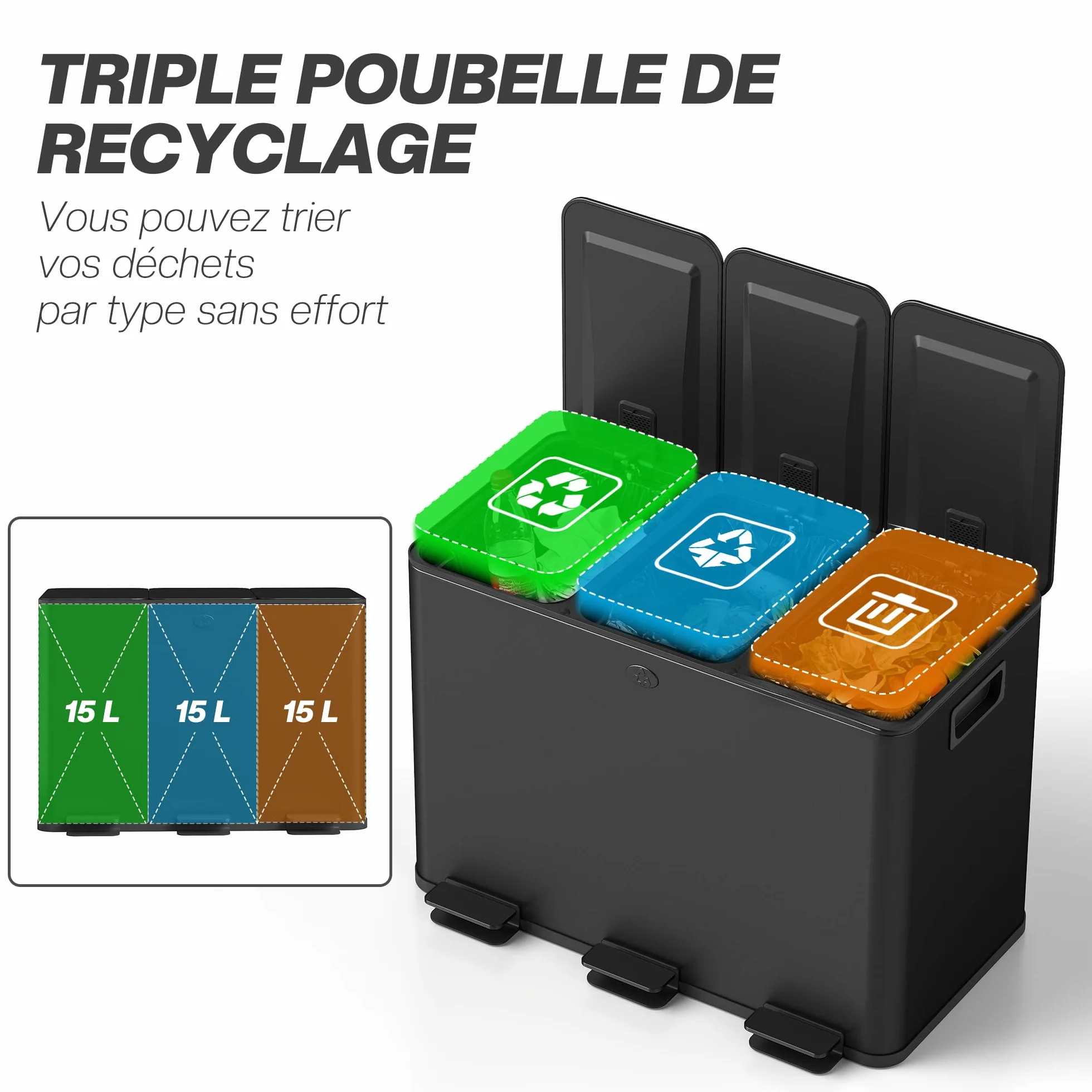 HOMCOM Poubelle cuisine 3 x 15L acier inoxydable tri sélectif 3 compartiments pédale