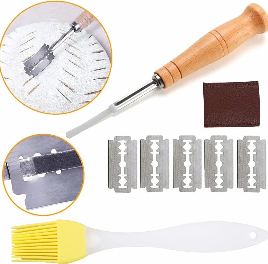 Couteau à Pain Acier Inoxydable avec Lames et Pinceau Silicone pour Boulangerie