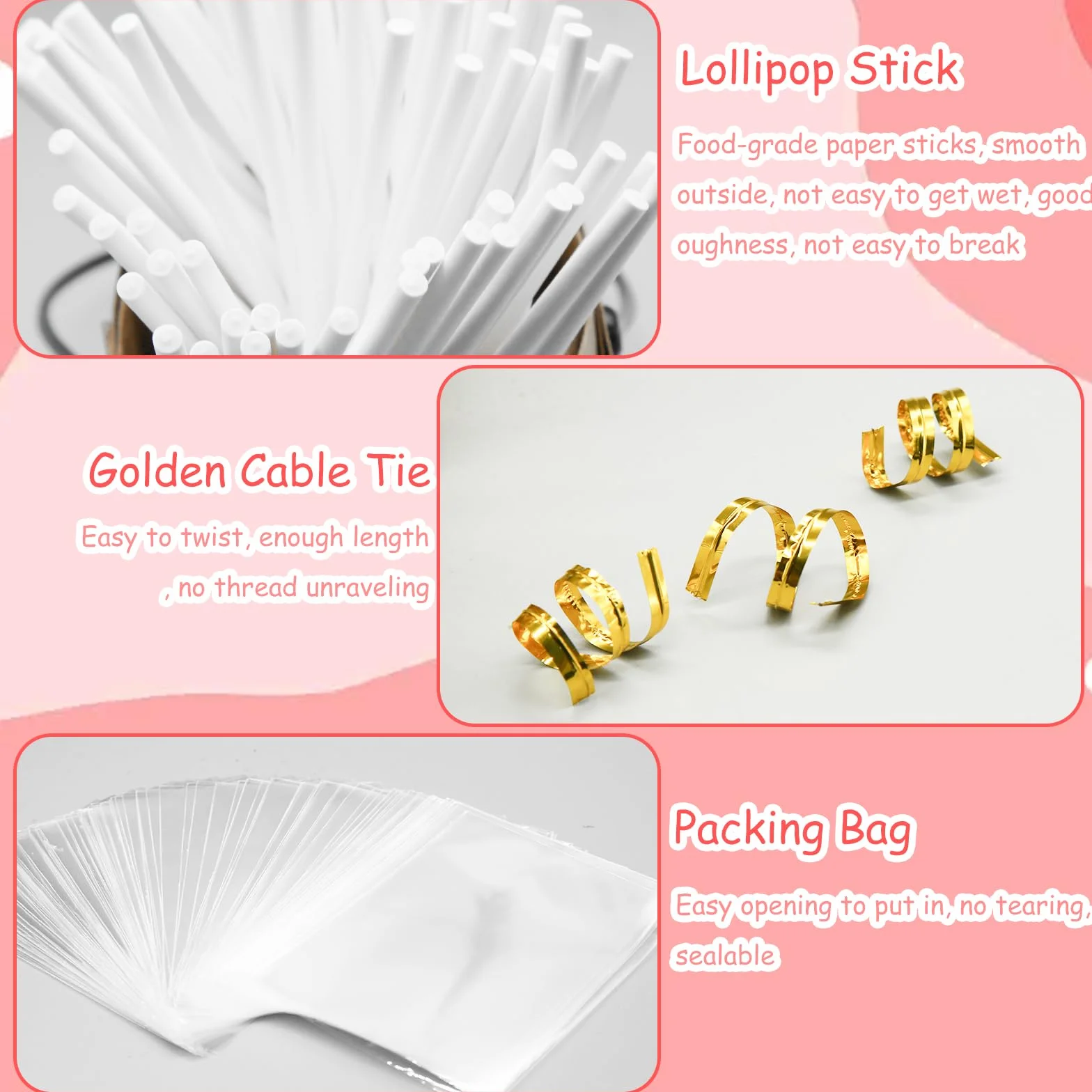 Cake Pop Treat Bag bâtonnets et emballages Cake Pop, 100 bâtonnets sucettes papier, sacs Cake Pop, attaches dorées, cuillère à Cake Pop fabrication bonbons