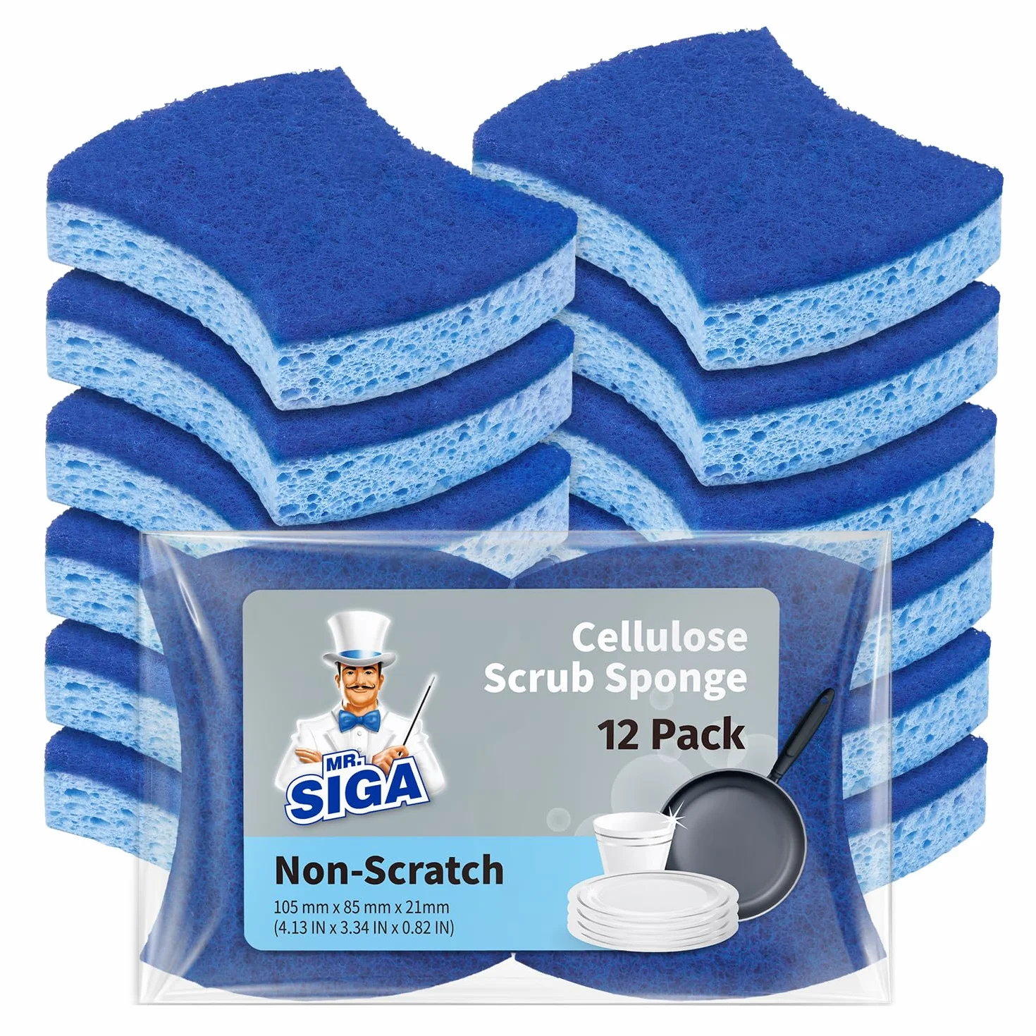 MR.SIGA Éponge à Récurer Cellulose Anti-Rayures Double Face Cuisine Lot de 12