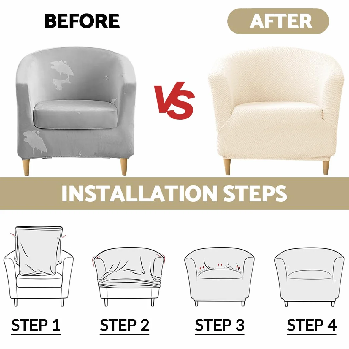 Housse de Fauteuil Cabriolet 1 Place Beige Chesterfield Jacquard Extensible Tub Chair pour Salon Café