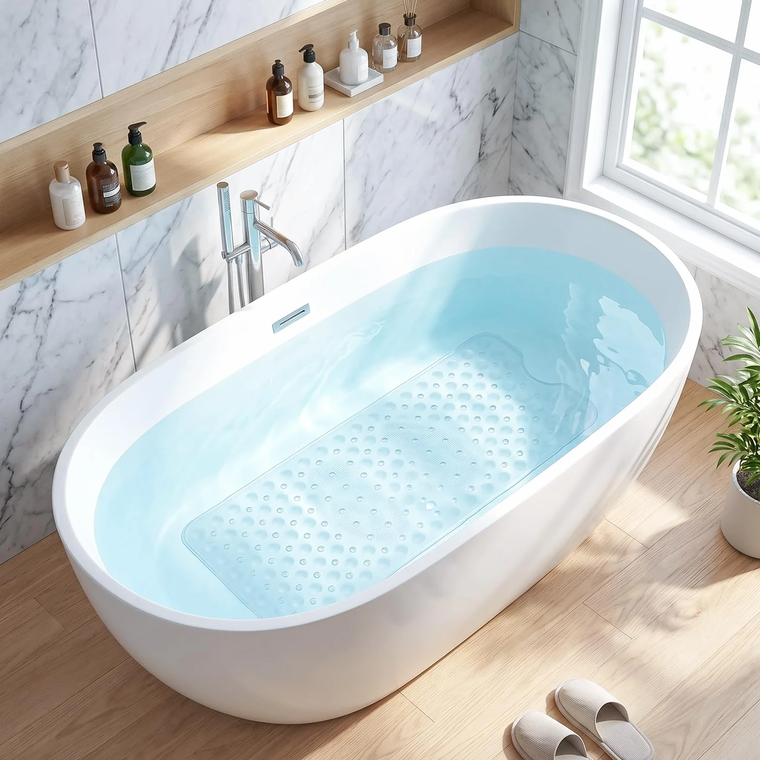 Tapis de Baignoire Antidérapant 92x40cm Silicone avec Ventouses Puissantes sans BPA Lavable en Machine