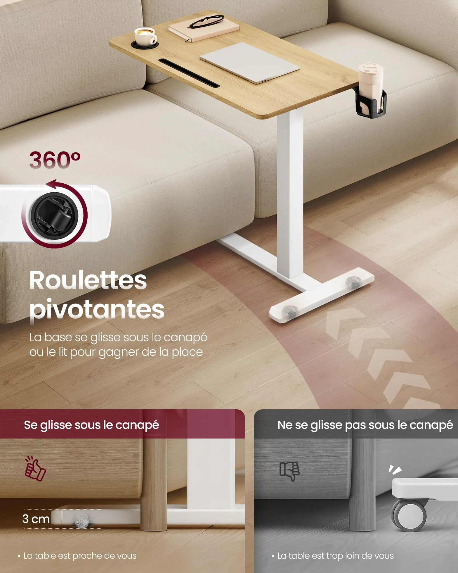 VASAGLE Bureau Assis-Debout sur roulettes, Table Réglable en Hauteur 80x45 cm, Doré Chêne