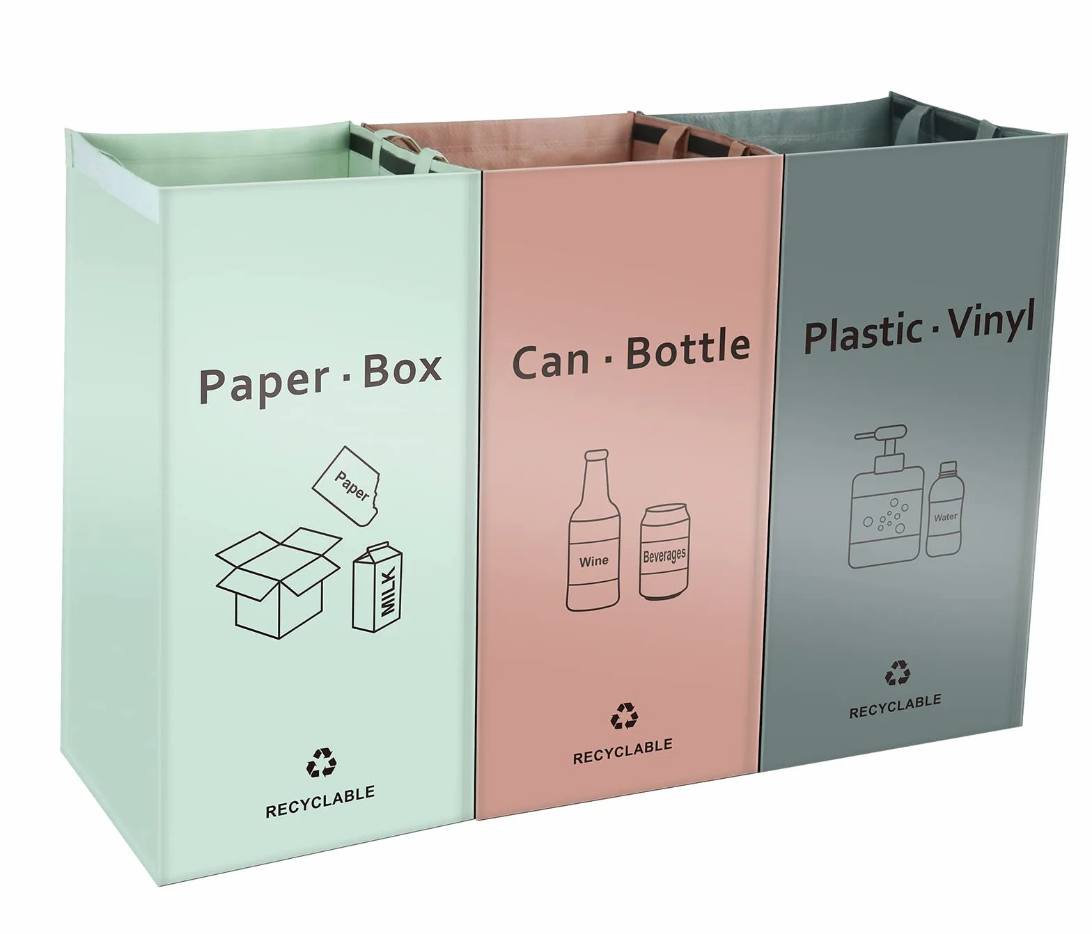 BOMEI PACK Lot de 3 Bacs de Déchets Trieur à Déchets pour Recyclage Rose Gris Vert Poubelle Extérieur Intérieur Papier Verre Plastique