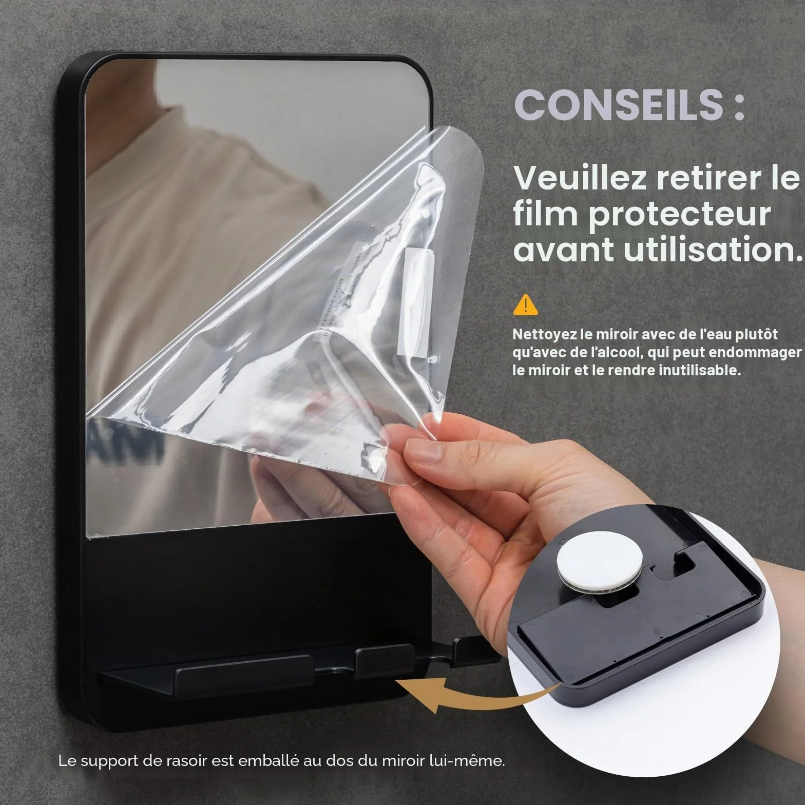Miroir de Douche Antibuée sans Perçage avec Maintien du Rasoir, Noir