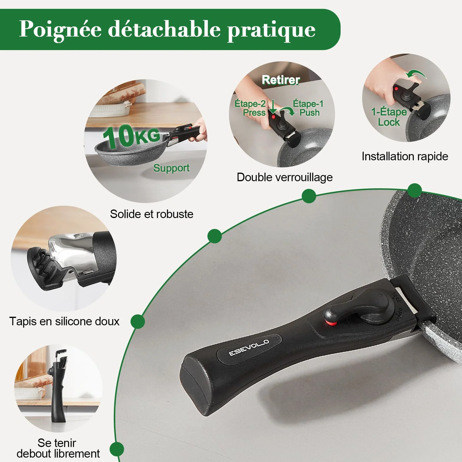 Batterie de cuisine induction 16 pièces 20cm/28cm poignées amovibles empilable antiadhésif céramique sans PFAS gris
