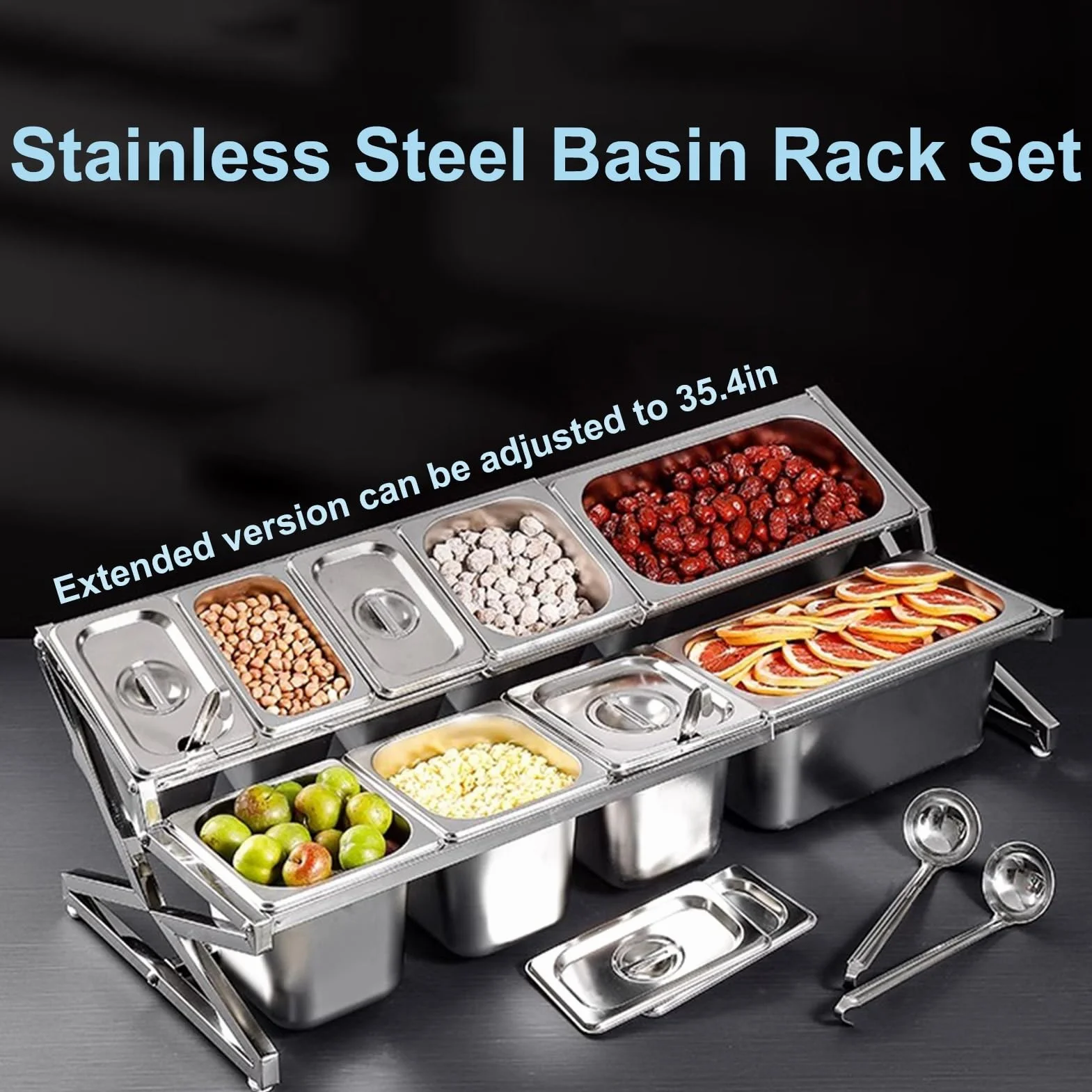 Étagère à épices extensible en acier inoxydable 304 – Distributeur de condiments de comptoir avec cuillères pour assaisonner sauce, salade, confiture et ingrédients (argent, 96 x 34 x 25,9 cm)