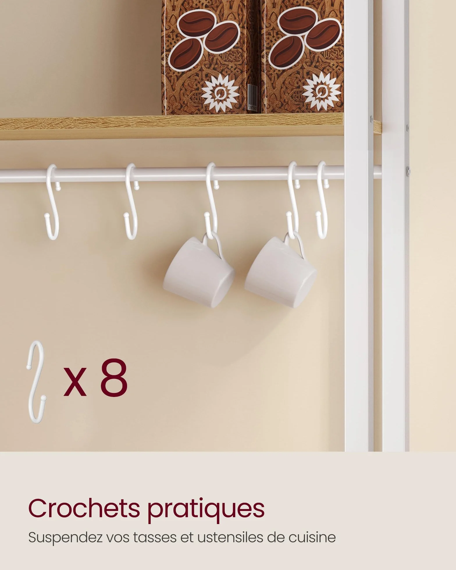 VASAGLE Étagère de Cuisine avec Multiprise, Bar à Café, 90 cm, 40 x 60 x 170 cm, Doré Chêne et Blanc Nuage