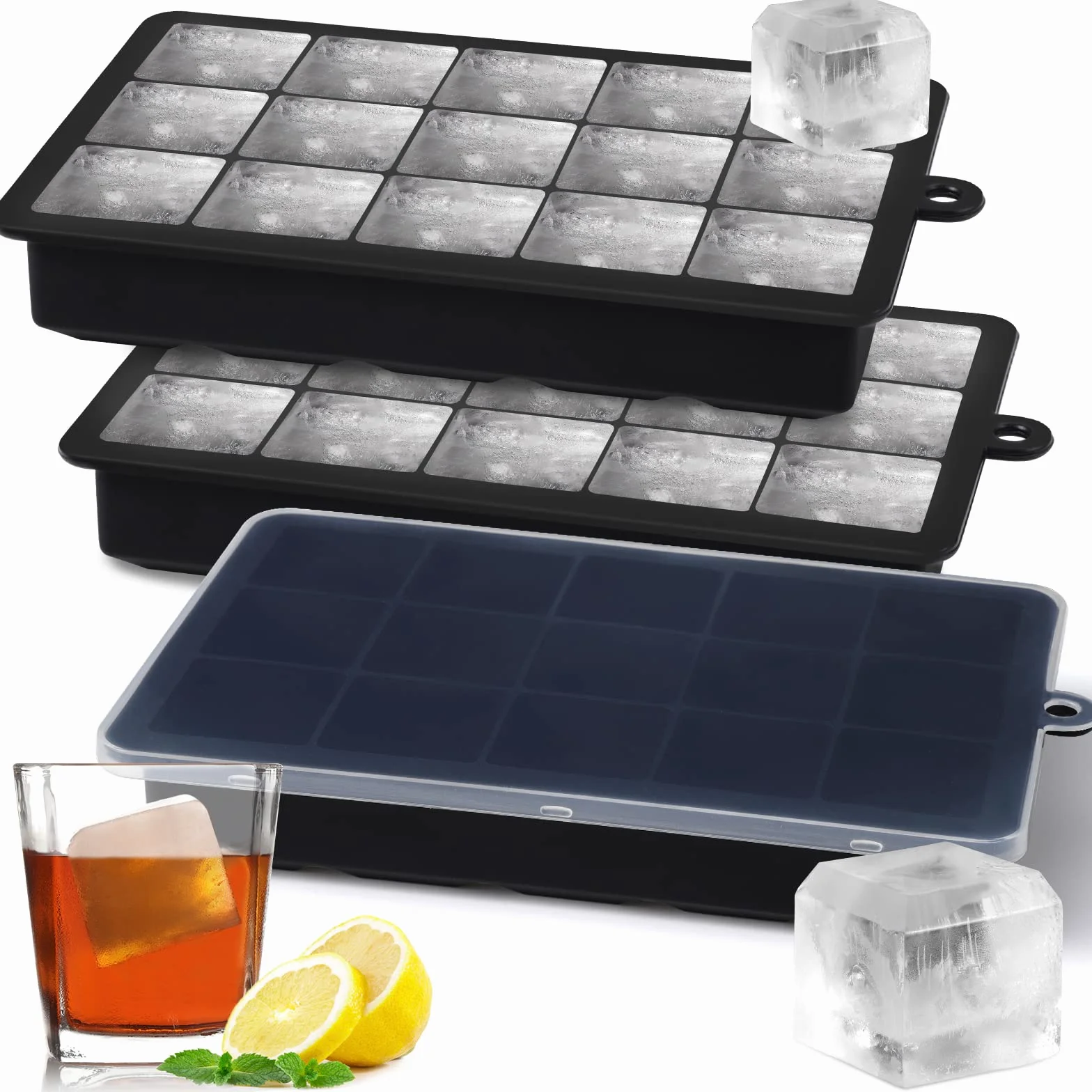 Bac à Glaçons 15 Compartiments Lot de 3 en Silicone avec Couvercle Grand Moule Empilable sans BPA