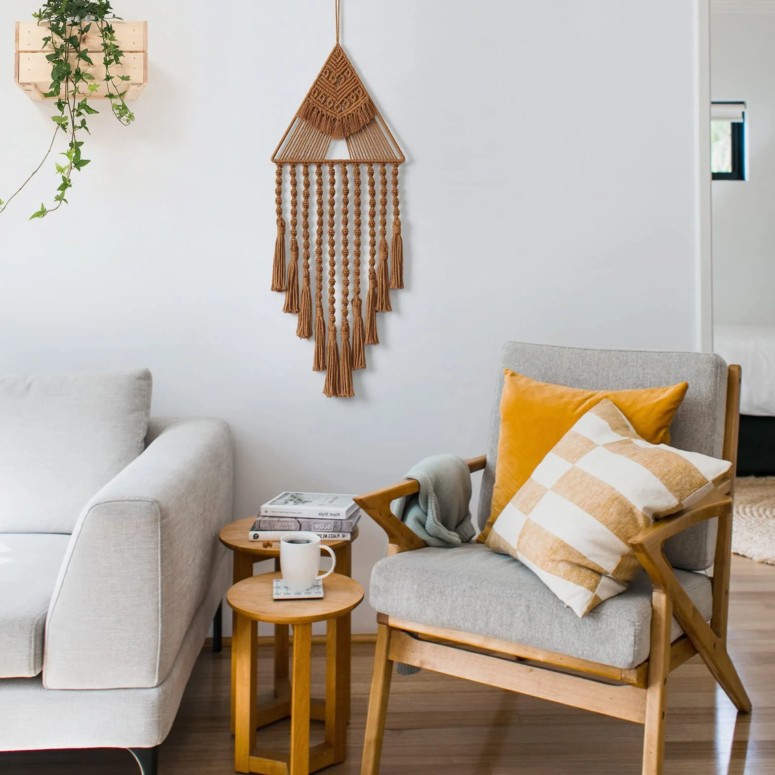Boho Macramé Tenture Murale Géométrique Art Mural Tissé Attrape-rêves Tapisserie Murale Coton Fait à la Main Marron