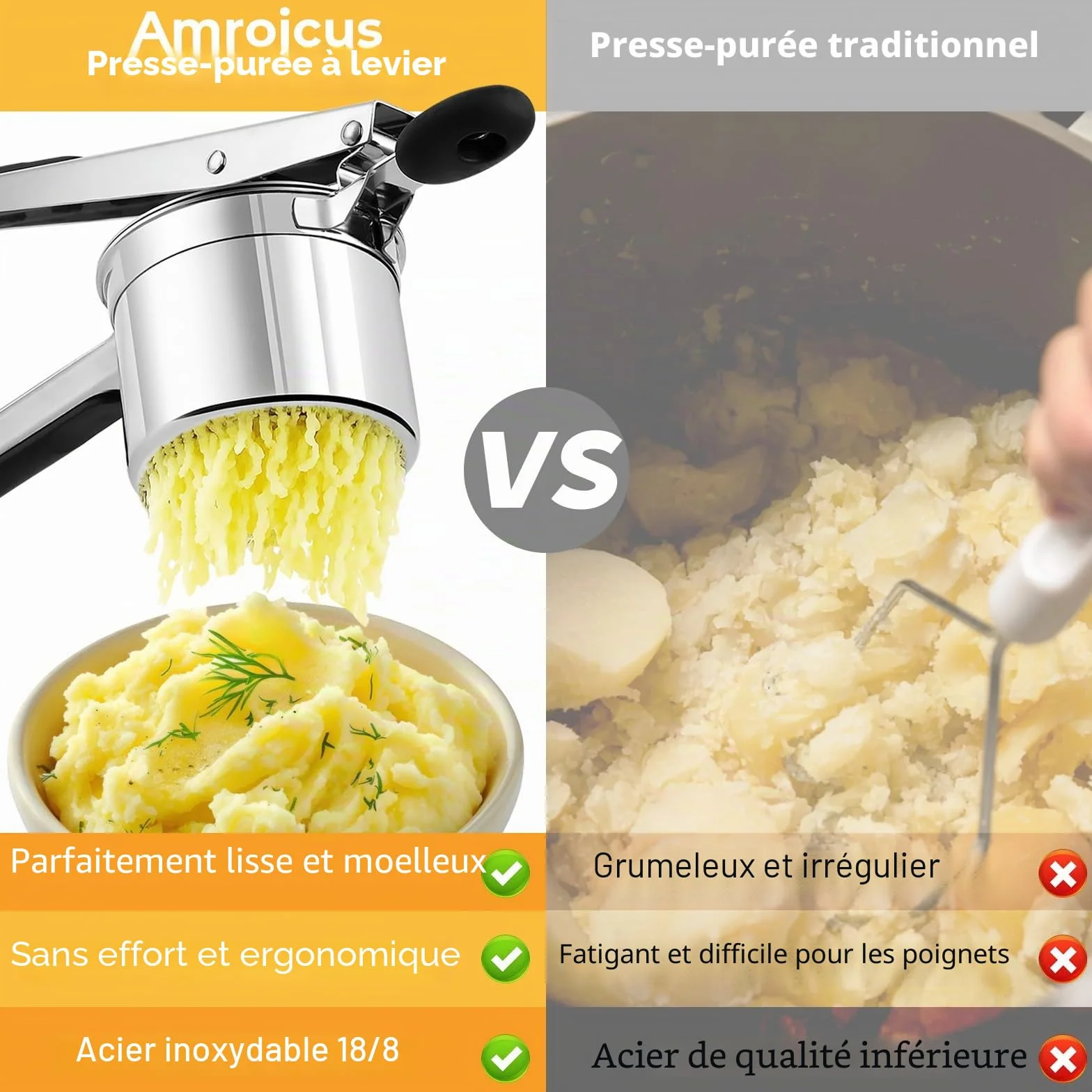 Presse-purée inox 450 ml fond perforé fixe, presse à pommes de terre grande capacité