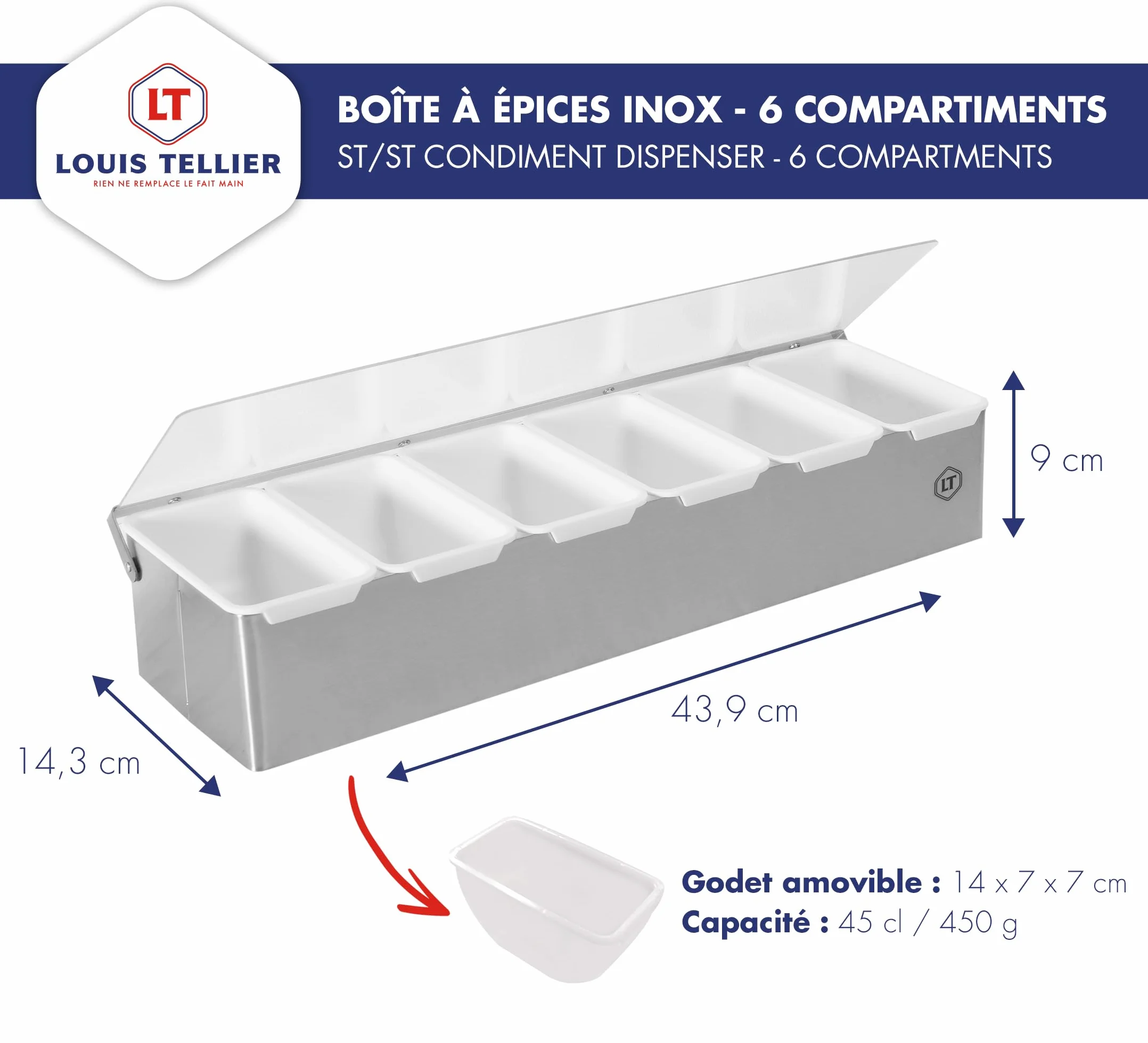 LOUIS TELLIER Boîte à épices 6 compartiments INOX Présentoir Distributeur pratique pour épices ingrédients garnitures Qualité professionnelle