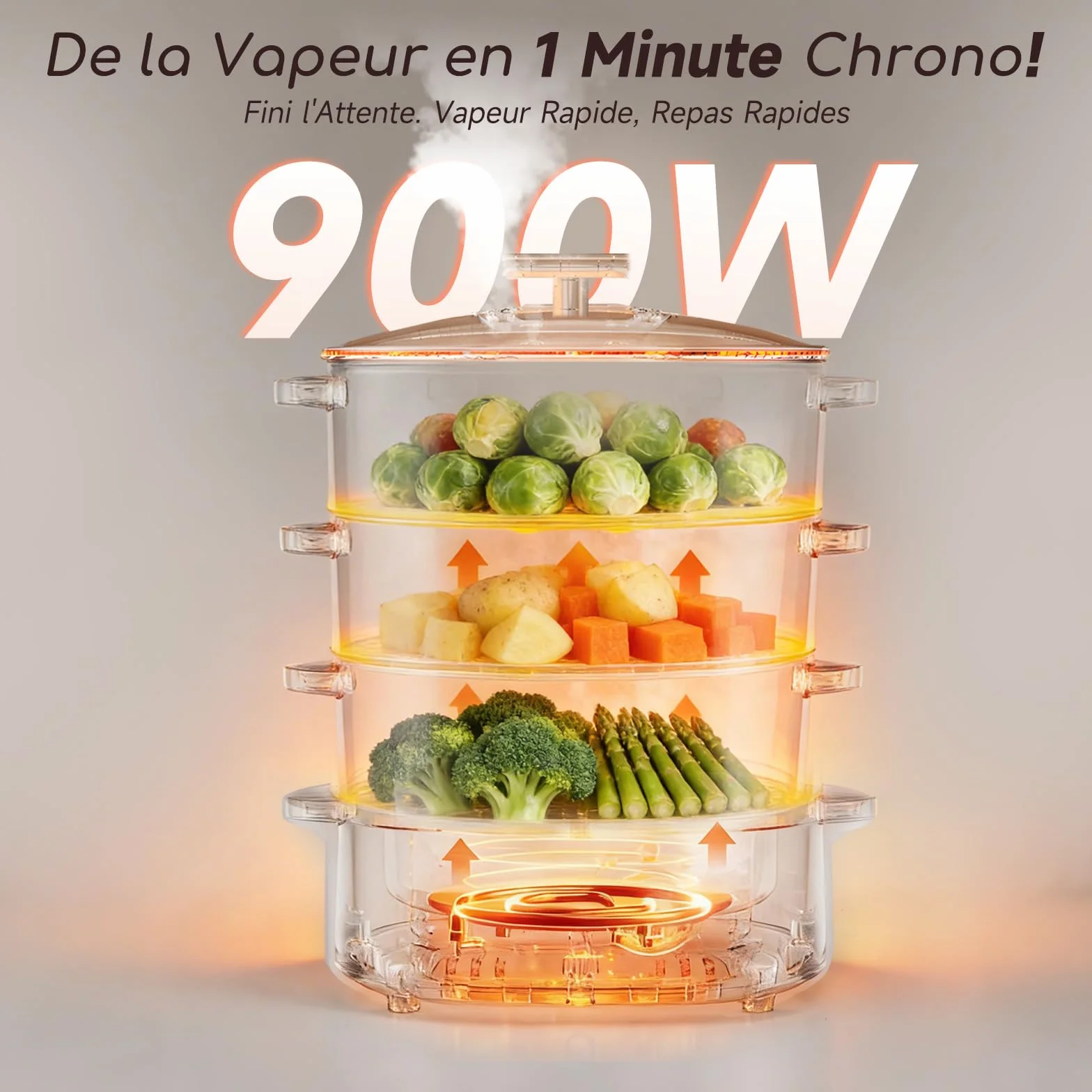 Aigostar Cuiseur Vapeur Electrique 12L 900W 3 Récipients Empilables Minuterie 60 Minutes Sans BPA