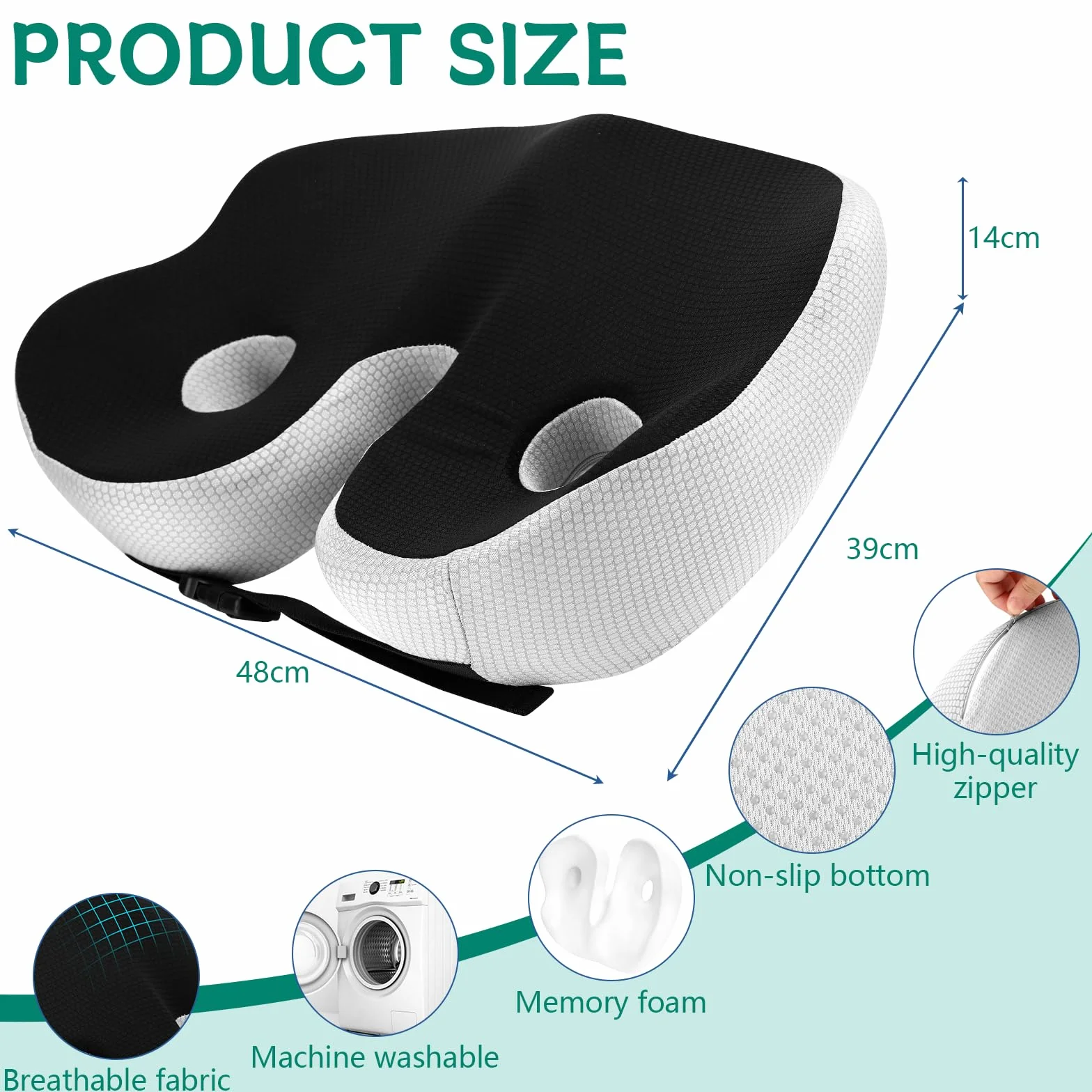 Coussin orthopédique en mousse à mémoire de forme ergonomique noir