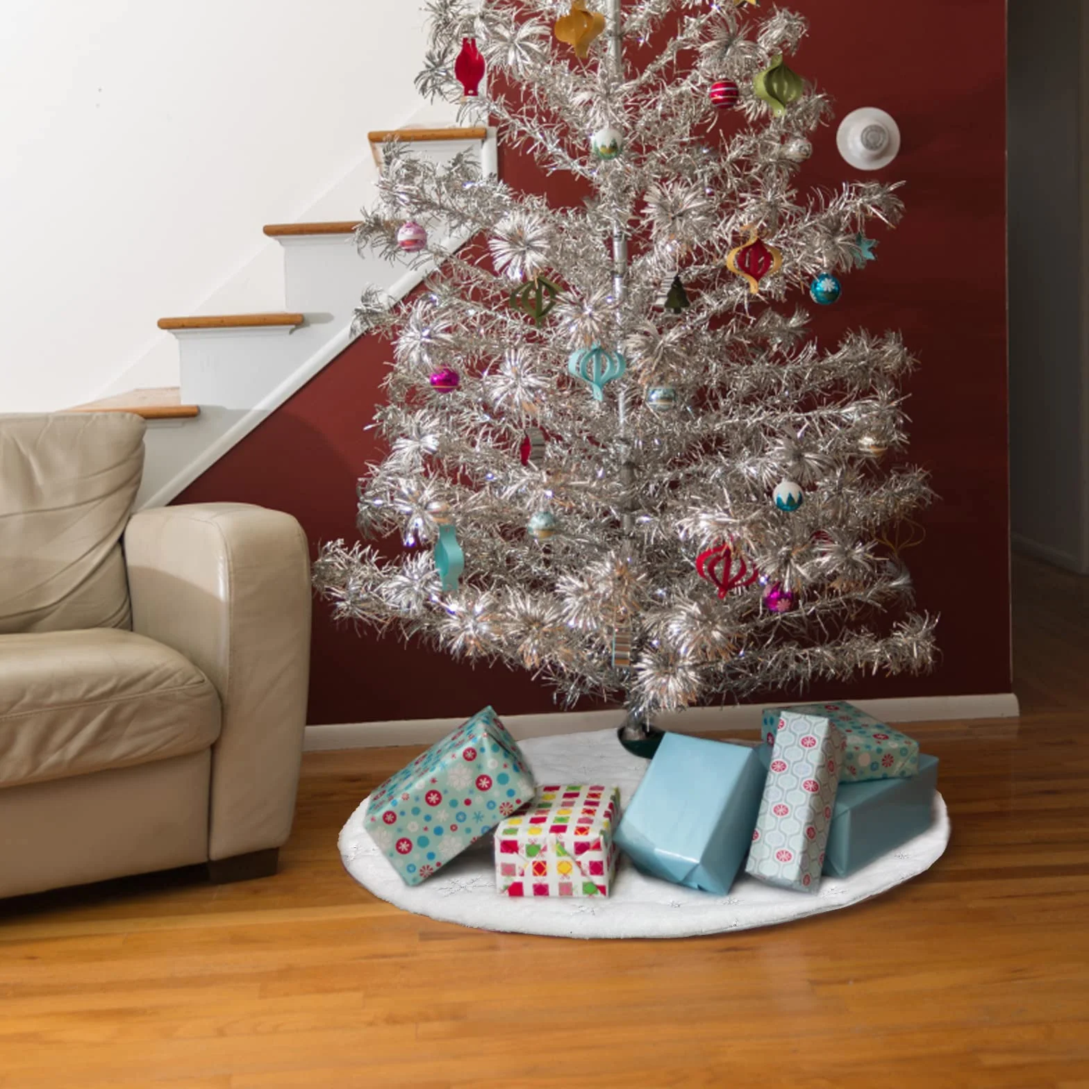 Jupe de Sapin de Noël 90cm, Blanc Peluche Double Couche avec Flocon Argenté, Décoration Noël