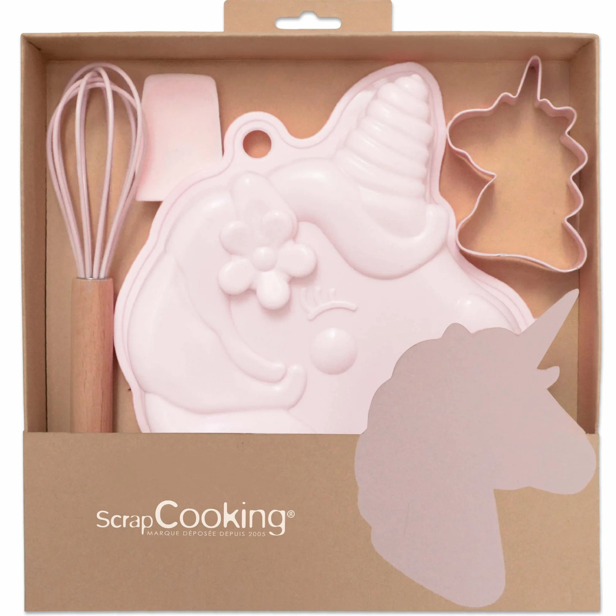 ScrapCooking Coffret Pâtisserie Licorne Enfants 4 Ustensiles Fouet Cuillère Moule Découpoir Bois Silicone Inox