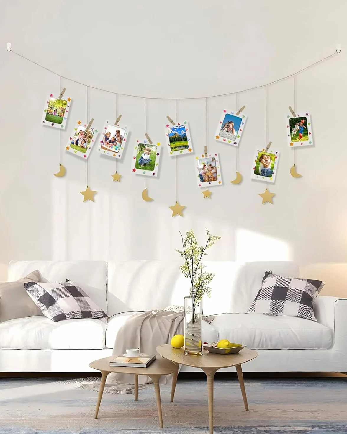 Cadres Photo en Papier 20pcs DIY Mini Clips en Bois Cordes en Chanvre Décoration Murale Maison