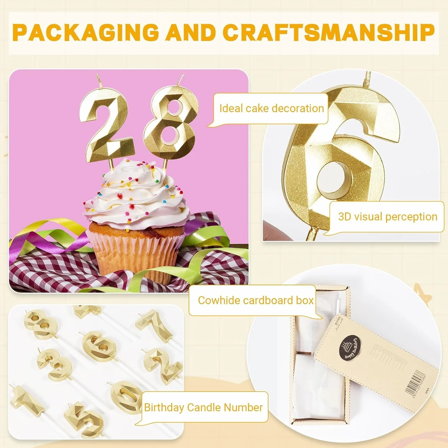 Bougies d'Anniversaire 78 Ans Dorées Numéro 78 Or pour Gâteau Décoration de Fête
